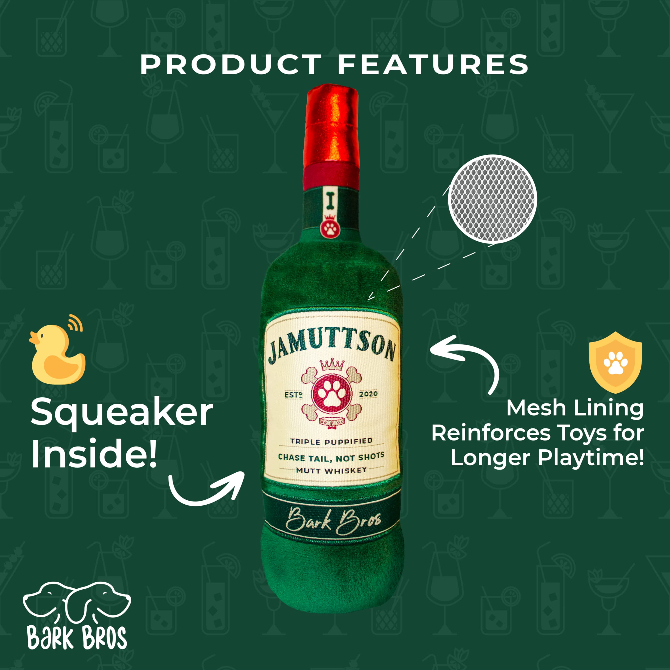 Bark Bros Liquor Bottle Dog Toy - Plush Squeaky Chew Toy for Dogs, Funny Alcohol Parody Pet Gift - Large Size (Jamuttson) | Perfect for Playtime, Birthday Presents & Puppy Training