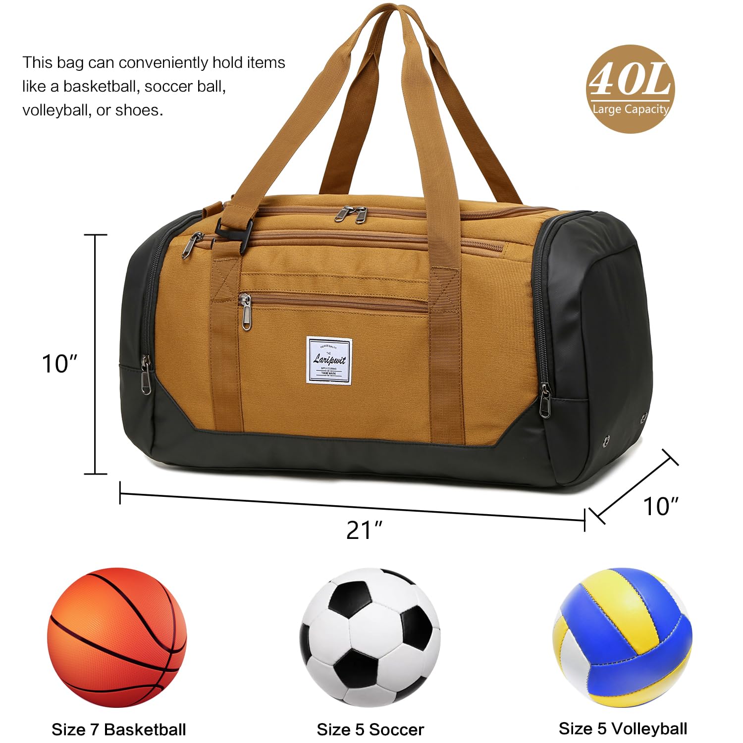 Laripwit 40L Gym Backpack for Men & Women - Sports Duffle Bag with Shoe Compartment & Wet Pocket - Ideal for Basketball, Travel, Weekender & Overnight Trips - Perfect for Gym, Workout, Sports & Travel Essentials (Brown)