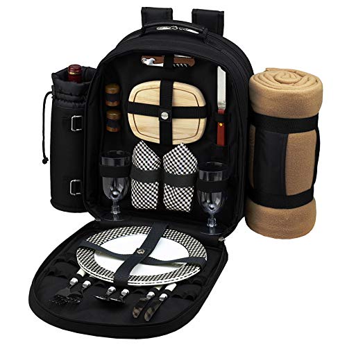Premium Picnic Backpack for 2 - Complete Outdoor Set with Insulated Compartment, Blanket & Utensils (Black) - Perfect for Beach, Hiking, Camping & Romantic Dates