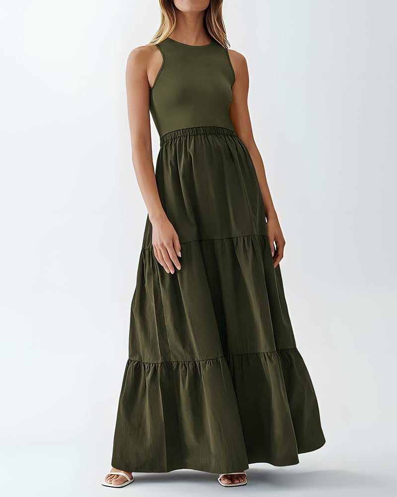BTFBM Women's Sleeveless Summer Wedding Guest Maxi Dress - Ribbed Knit Top & Polyester Skirt with Pockets - Perfect for Beach Vacations, Garden Parties & Cocktail Events
