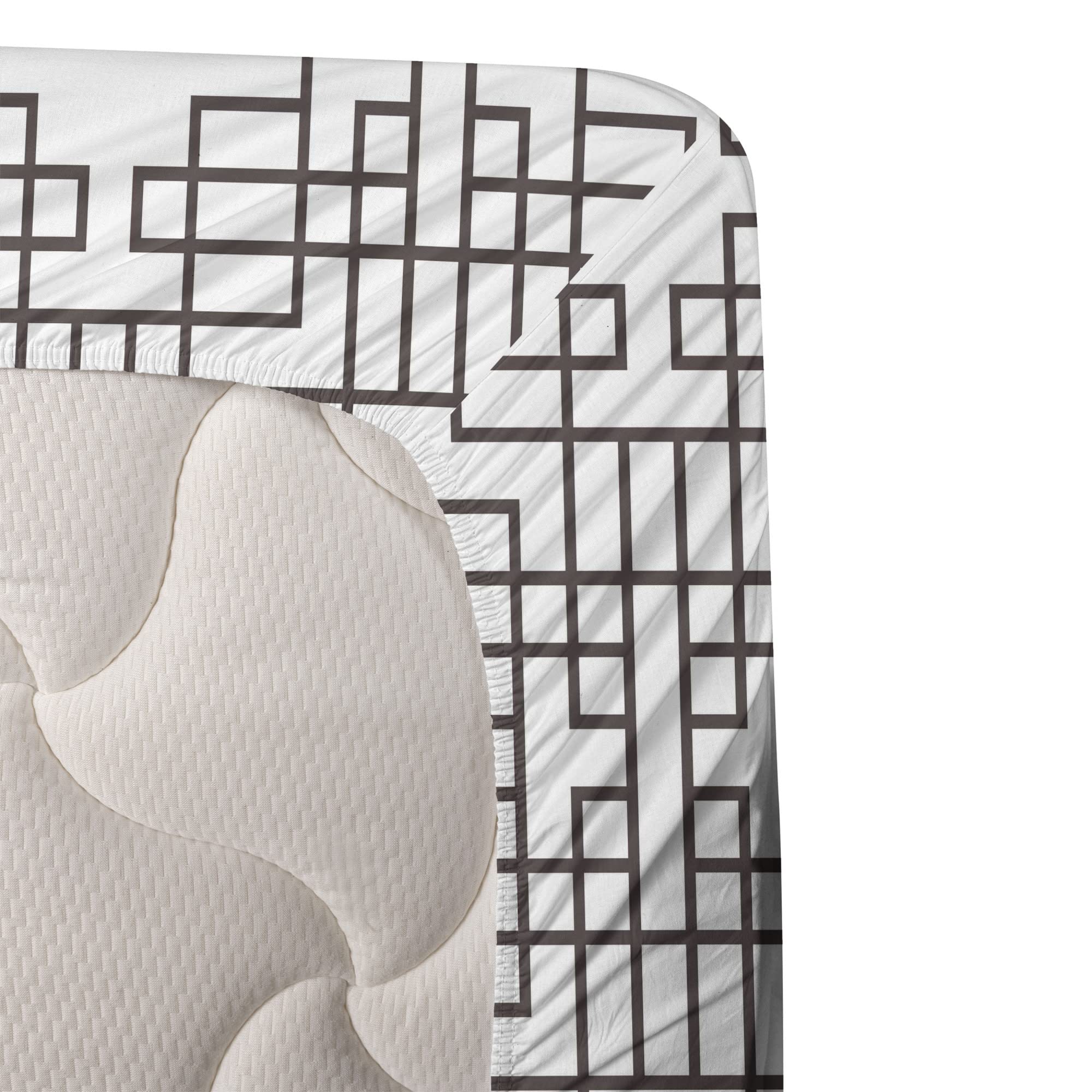 Ambesonne Geometric King Sheet Set - 4 Piece Bedding with Grid Style Eastern Pattern, Squares & Rectangles Print - Fitted & Flat Sheets + Pillowcases - Umber White | Perfect for Modern Bedrooms, Guest Rooms & Bohemian Decor