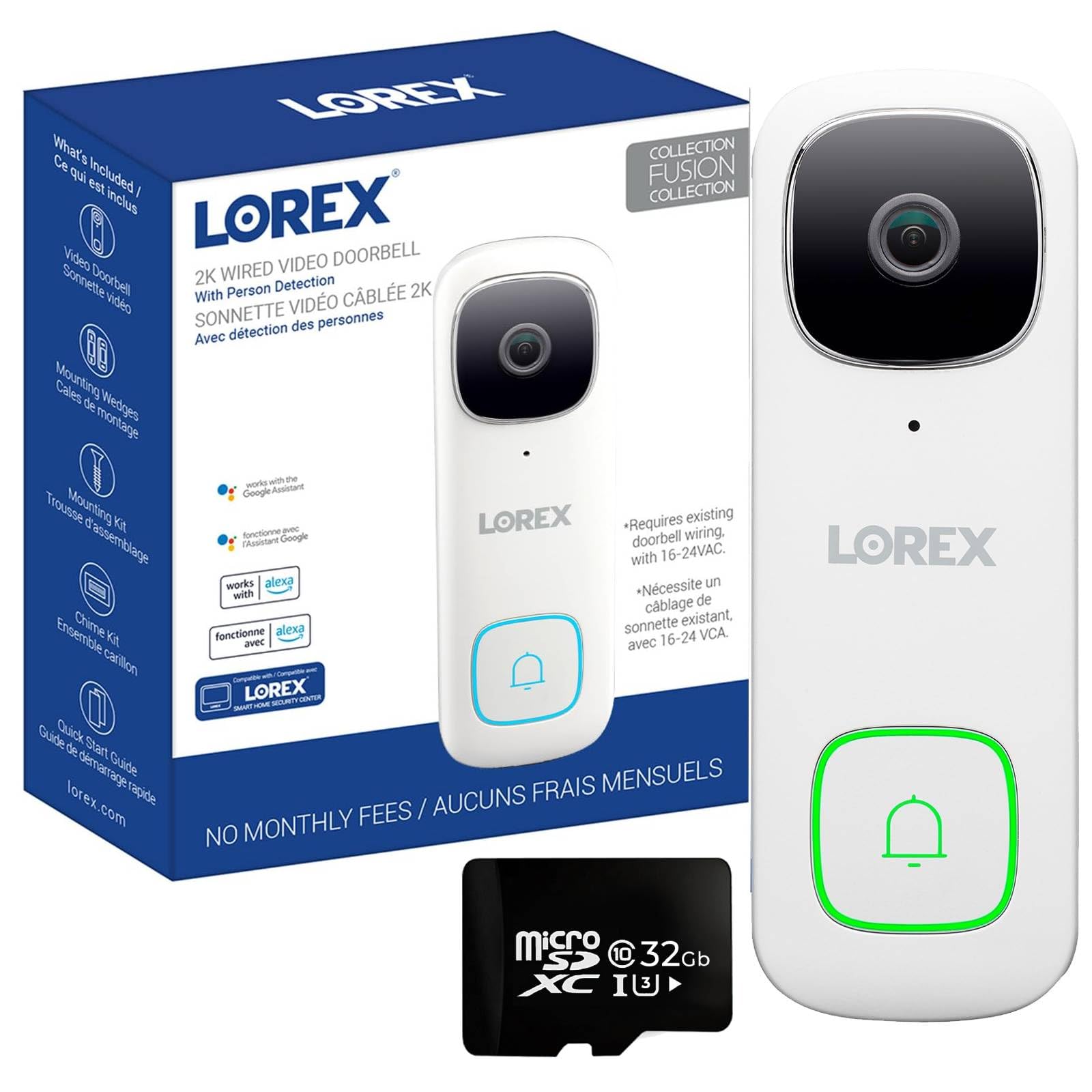 Lorex 2K WiFi Video Doorbell - Wired Outdoor Security Camera with Night Vision & Motion Detection - Compatible with 16-24VAC Doorbell Wiring (White) - Perfect for Home Surveillance, Front Door Protection & Smart Home Security