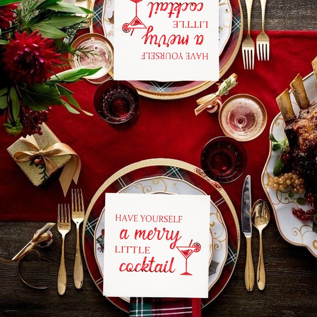 Merry Christmas Cocktail Napkins - 50-Pack 5x5 Inch Red Foil Holiday Party Napkins for Christmas Cocktails, Dinner Parties & Festive Gatherings