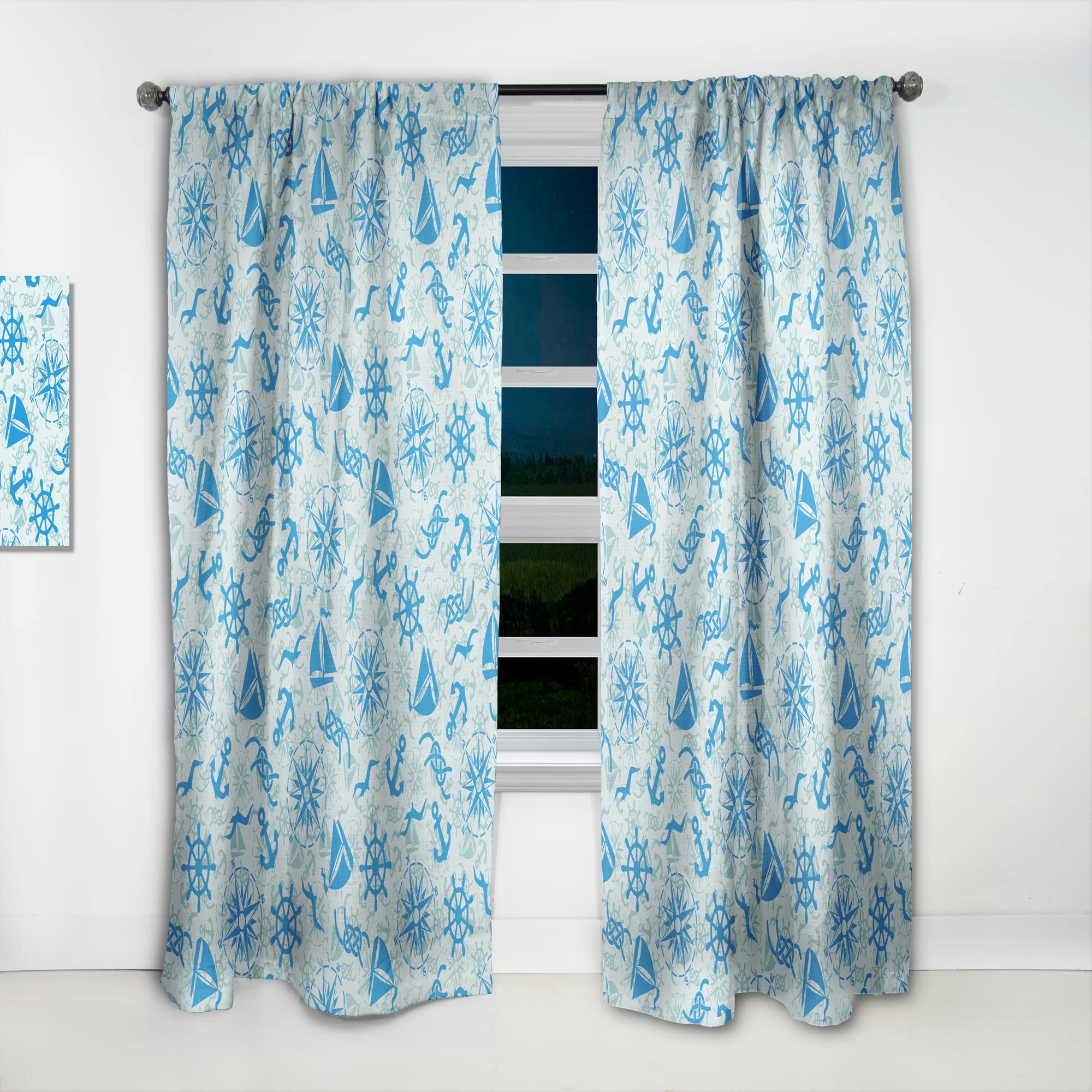 DesignQ Nautical Theme Blackout Curtains - Marine Sign, Compass, Anchor & Ship Wheel Print - Thermal Insulated Single Panel (52x90 inches) for Bedroom & Living Room - Perfect for Coastal Decor & Home Theater Light Blocking