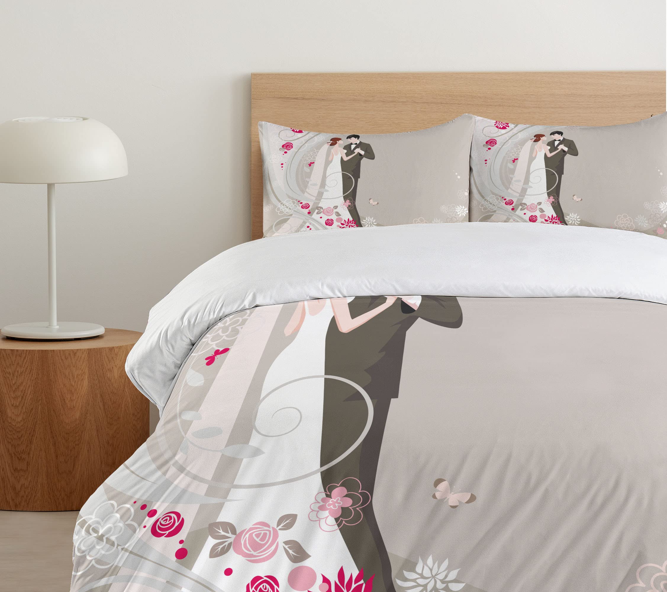 Ambesonne Wedding Duvet Cover Set - Abstract Floral Design for Bride & Groom, 3-Piece California King Bedding with 2 Pillow Shams in Grey Black Pink | Perfect for Wedding Night, Anniversary Gifts & Romantic Bedroom Decor