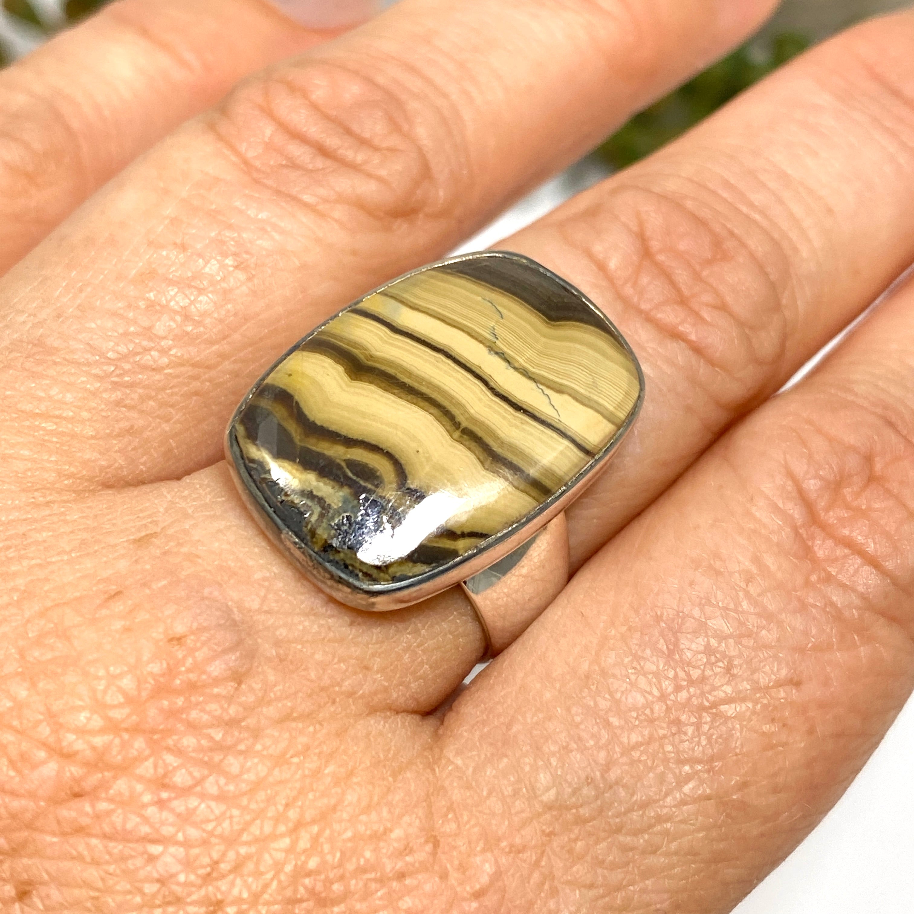 Schalenblende Rectangular Cabochon Ring - Size 8 - KRGJ3392 - Elegant Handmade Jewelry for Women, Perfect for Weddings, Parties & Special Occasions