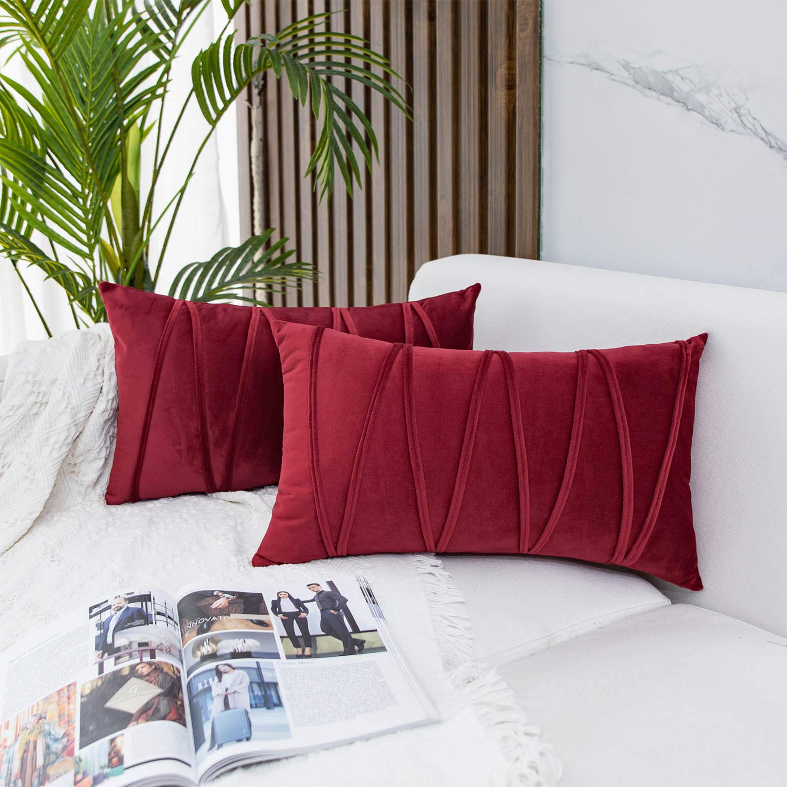 JUSPURBET Christmas Velvet Throw Pillow Covers Set of 2 - 16x24 Inch Burgundy Striped Cushion Covers for Sofa, Couch & Bed - Holiday Home Decor for Living Room, Bedroom & Christmas Party