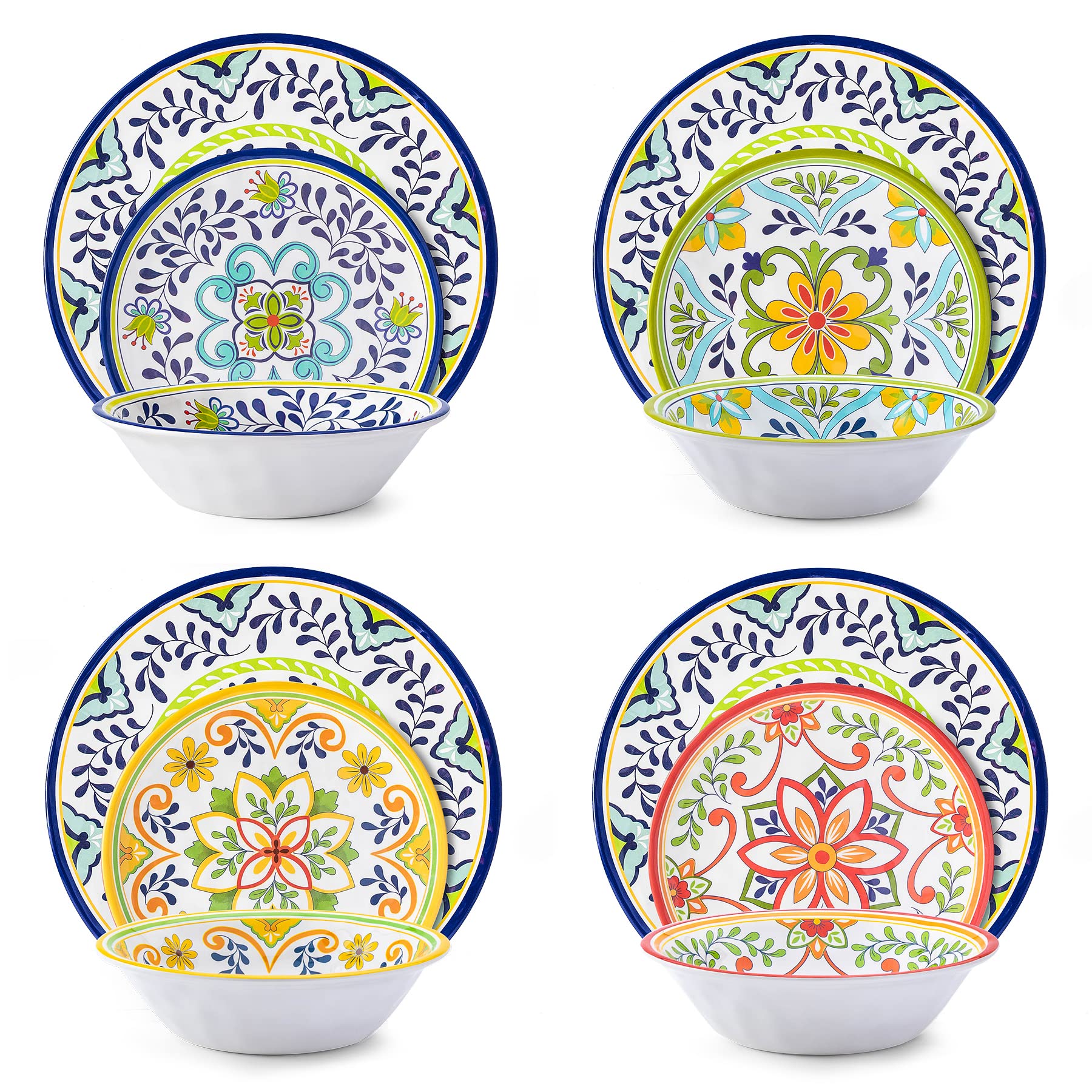 12-Piece Melamine Dinnerware Set for 4 - Durable, Chip-Resistant Plates & Bowls - Lightweight Outdoor Dining Dishes for Picnics, Camping, and Everyday Indoor Use