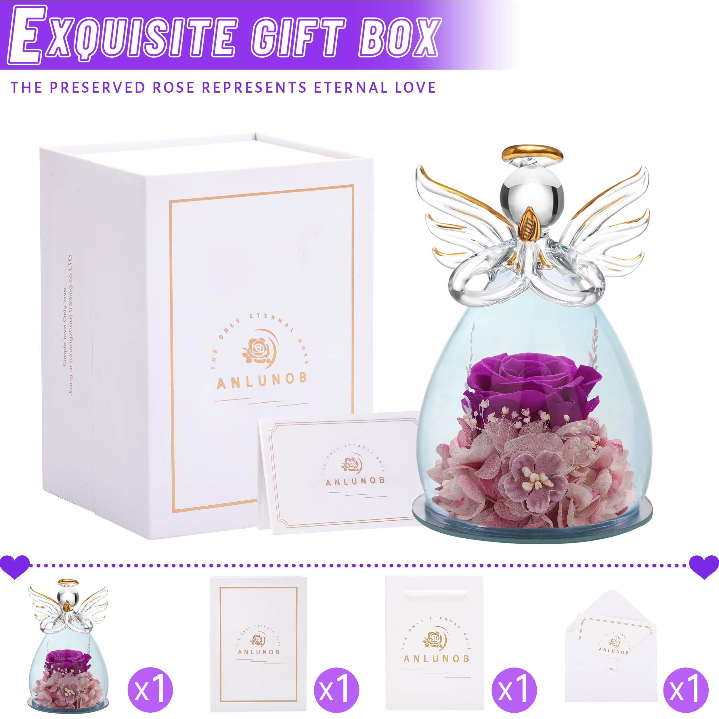 ANLUNOB Preserved Rose in Glass Dome with Angel Figurine - Eternal Flower Gift for Women, Mothers, Valentine's Day, Birthday, Christmas & Thanksgiving - Perfect for Home Decor, Wedding Centerpieces & Romantic Surprises