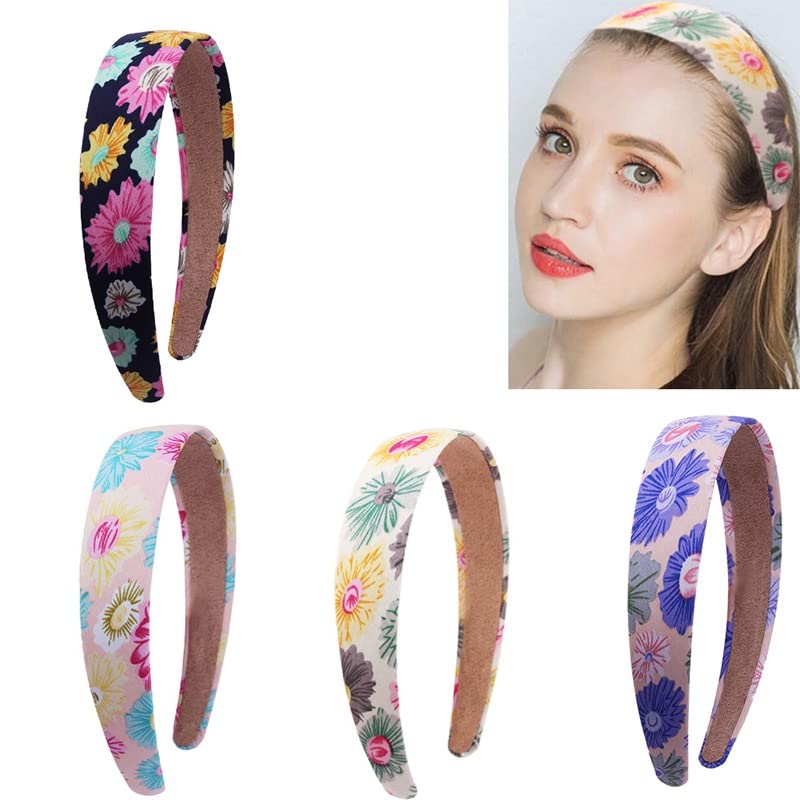 EPARTY - 4 Pack Floral Print Satin Headbands for Women, Non-Slip Wide Hair Bands (3cm), Stretch Elastic Hair Hoops for DIY Styling - Perfect for Parties, Weddings, and Everyday Fashion Accessories