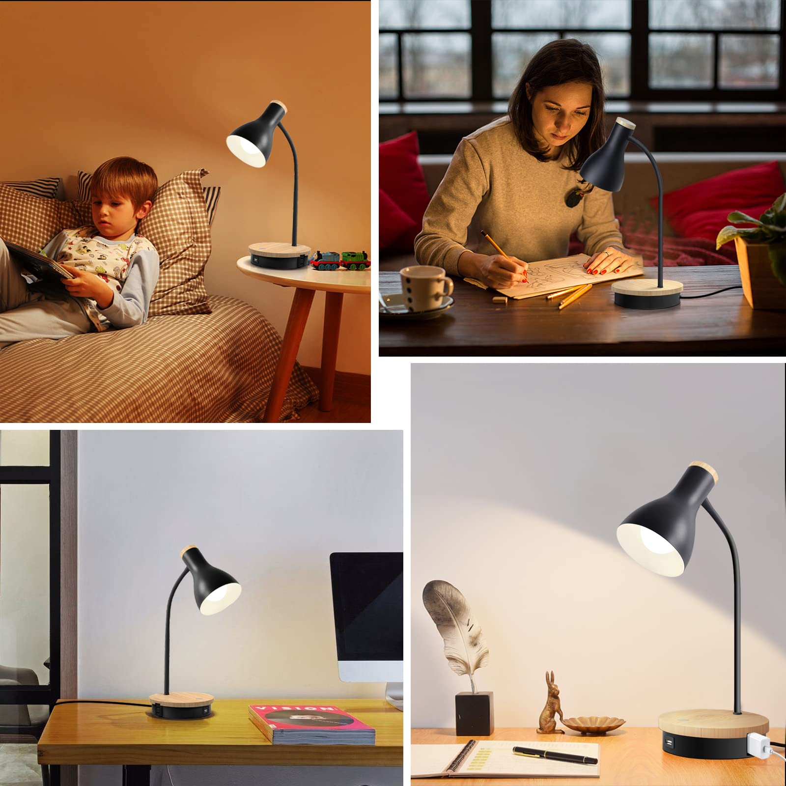 Wireless Charging Metal Desk Lamp - 3-Way Dimmable Touch Control LED Reading Light with USB Ports for Bedroom, Study Room & Office | Perfect for Night Reading, Working & Phone Charging (Black)