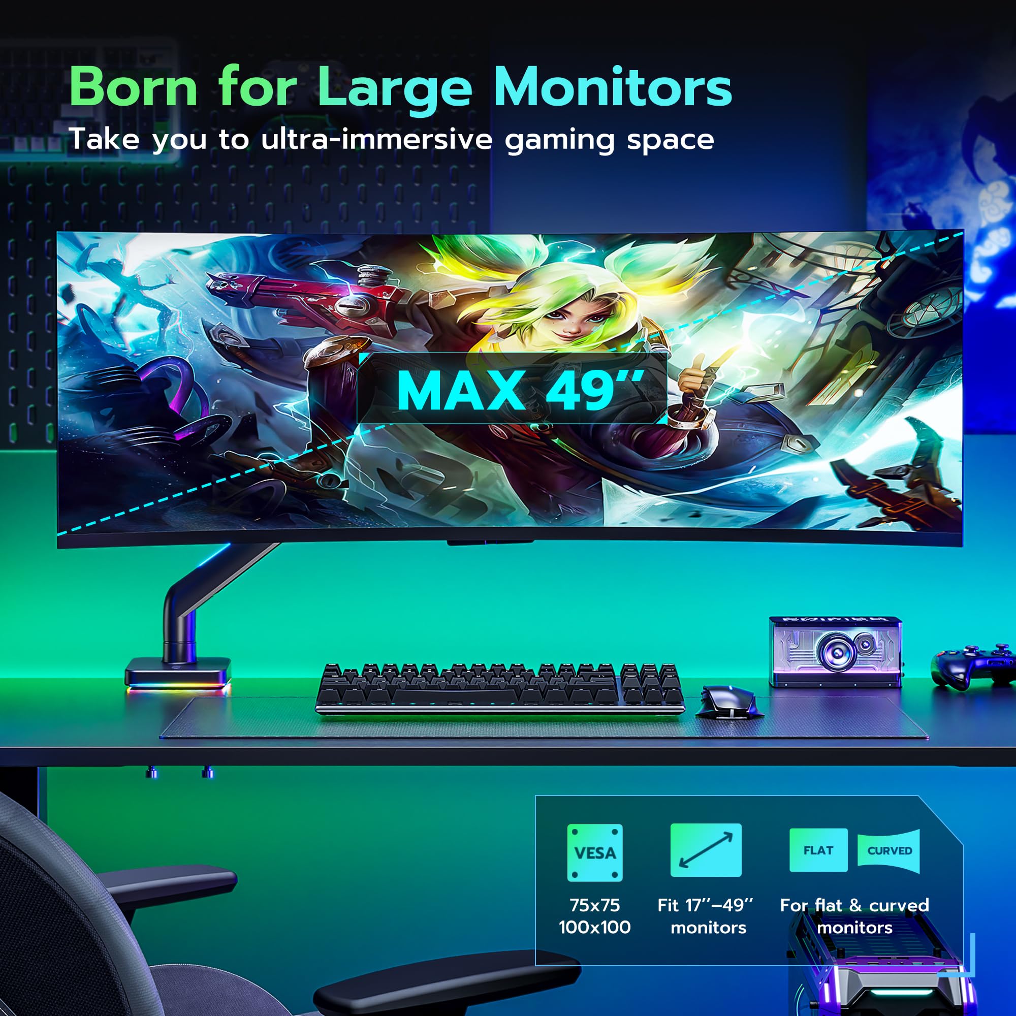 Heavy Duty Monitor Arm for 49'' Ultrawide Screen - Samsung Odyssey G9 & LG Monitor - Adjustable Gas Spring Mount for Gaming & Office Setup