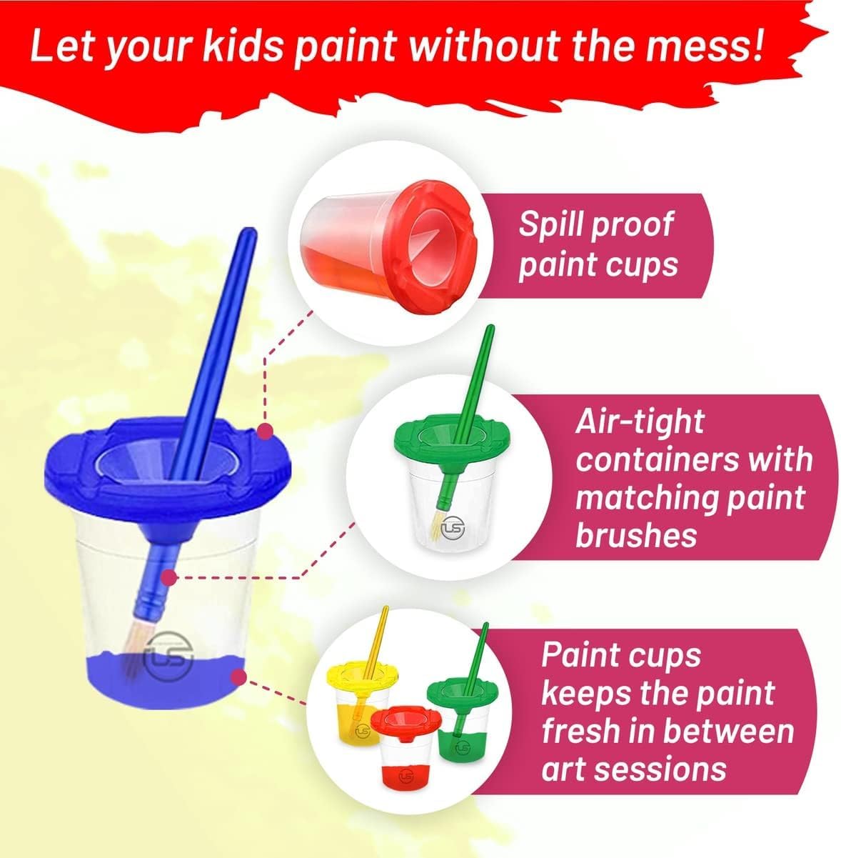 Spill-Proof Paint Cups with Lids for Kids - 6 Non-Spill Painting Containers & 6 Toddler Paint Brushes - Washable Art Supplies for Classroom, Home & Outdoor Painting Activities