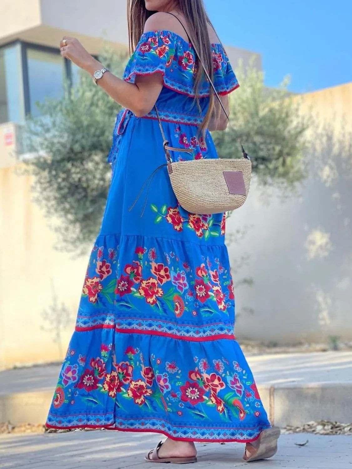 Floral Off Shoulder Ruffle Maxi Dress for Women - Beach Wedding Resort Party Wear - Perfect for Summer Vacations, Tropical Getaways & Boho Photoshoots