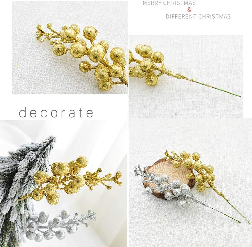 20 Pcs 7.8 Inch Glitter Rose Gold Berry Stems - Artificial Christmas Tree Picks Decorations | DIY Xmas Wreath & Holiday Home Decor for Christmas Tree, Mantel, Centerpieces & Gift Wrapping (Rose Gold)