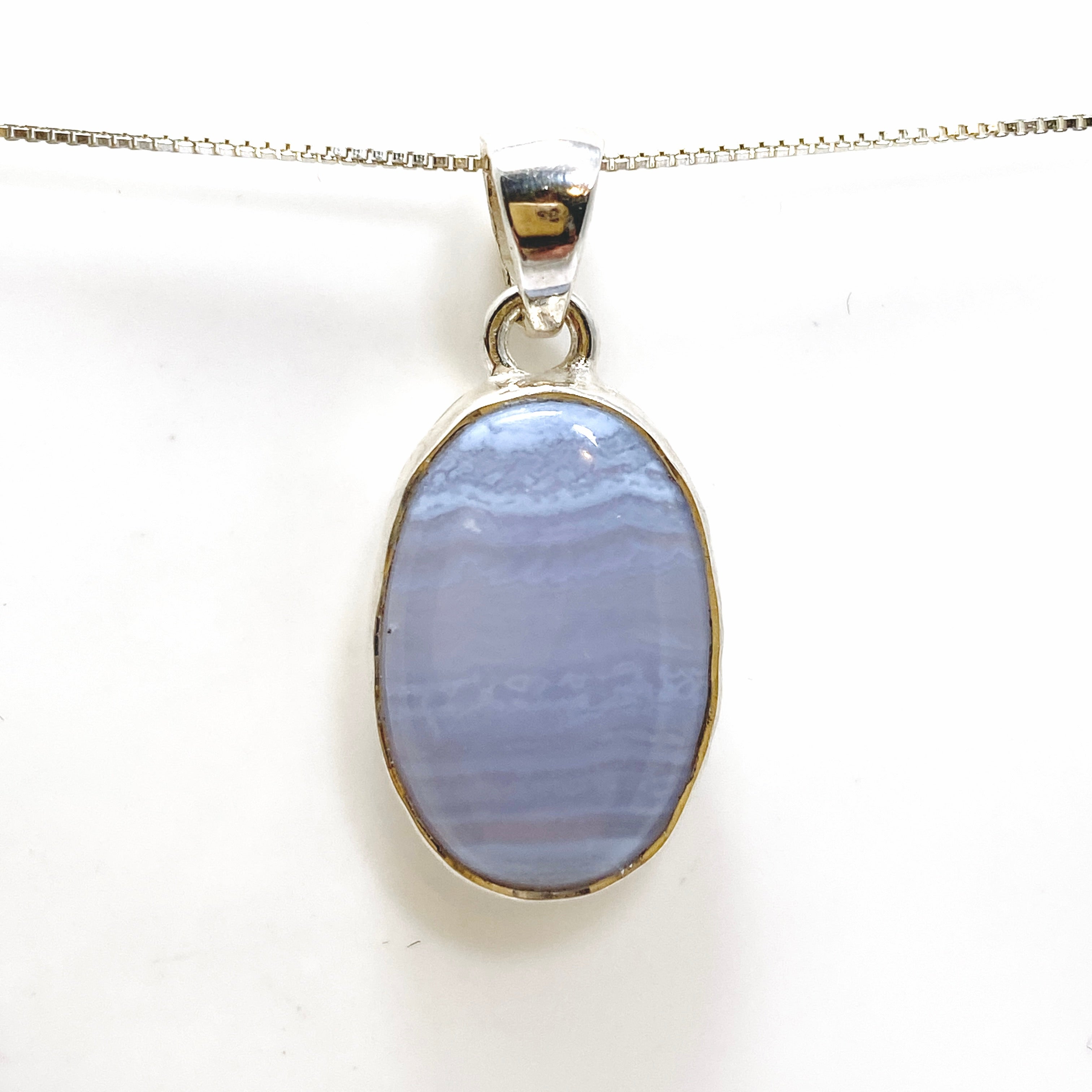 Blue Lace Agate Oval Cabochon Pendant in Hammered Sterling Silver Setting KPGJ4818 - Perfect for Boho Jewelry & Spiritual Healing