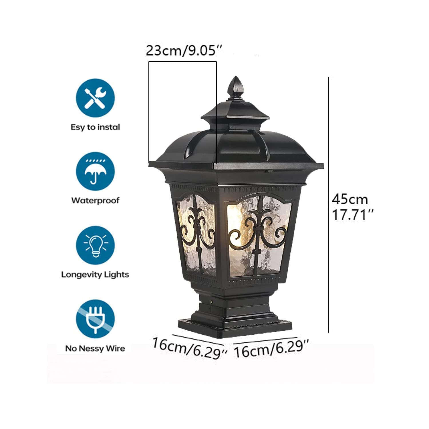 Outdoor Column Lights IP65 Waterproof - Aluminum & Glass Garden Post Lights for Fence, Patio, Landscape - Black Exterior Pillar Lights for Yard, Driveway, Walkway Decoration