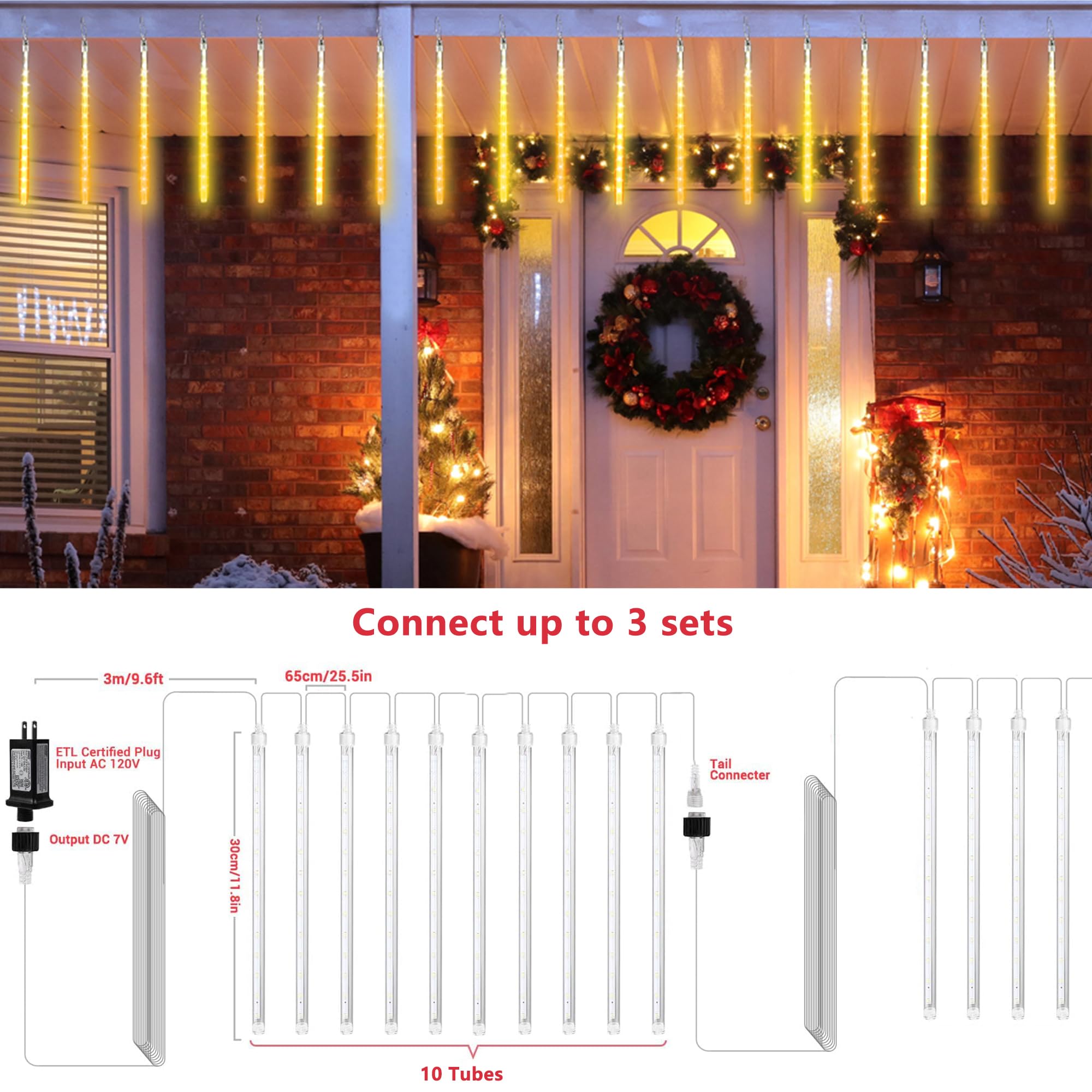 Joomer 240 LED Meteor Shower Christmas Lights - 10 Tubes 11.8 Inch Outdoor Waterproof Cascading Snowfall Lights with Timer & Connectable Design (Warm White) | Perfect for Holiday Decorations, Roof, Yard, and Christmas Tree Lighting