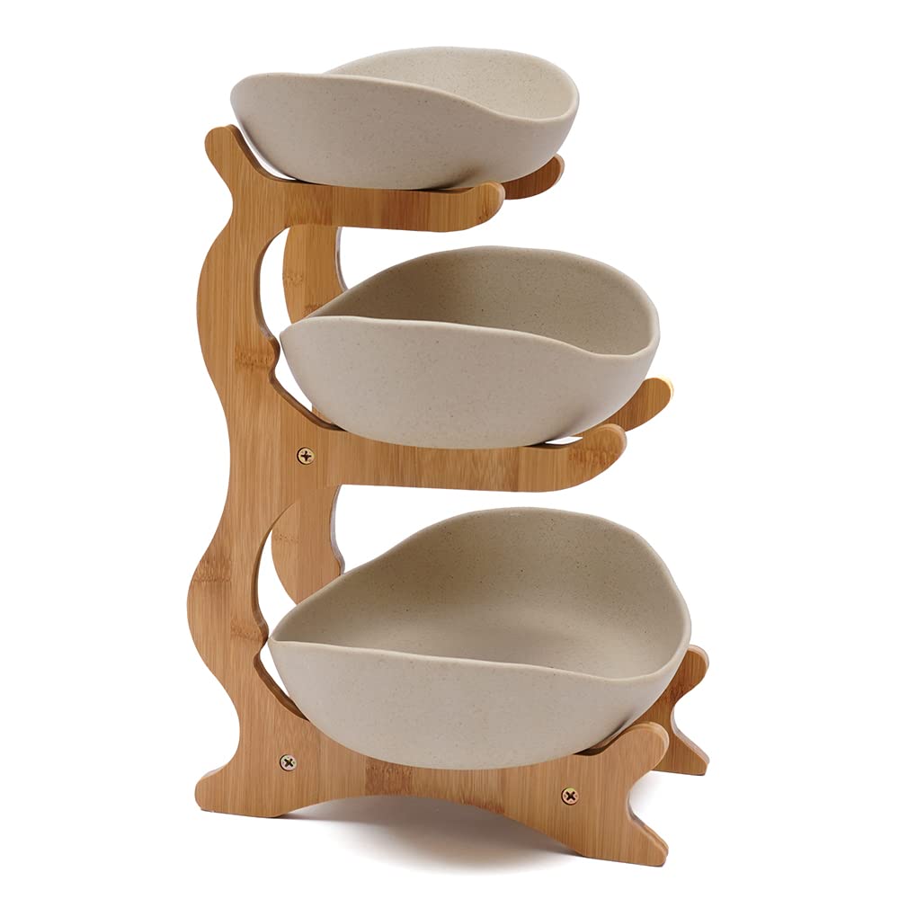 3-Tier Ceramic Fruit Basket Bowl Set - Oval Serving Bowl for Fruits, Vegetables, Snacks, Candy & Sushi Display | Perfect for Kitchen Counter, Dining Table, Party Buffet & Home Decor (Brown)