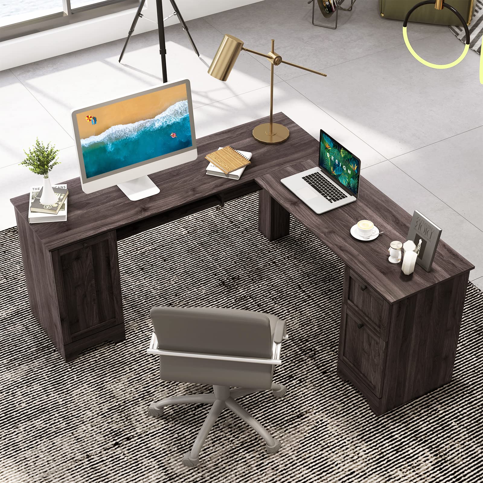 Tangkula L-Shaped Office Desk with Storage Drawers & Keyboard Tray - Home Office Corner Computer Desk with Cabinet & Adjustable Shelf - Space Saving Study Writing Workstation for Small Spaces, Gaming Setup & Remote Work