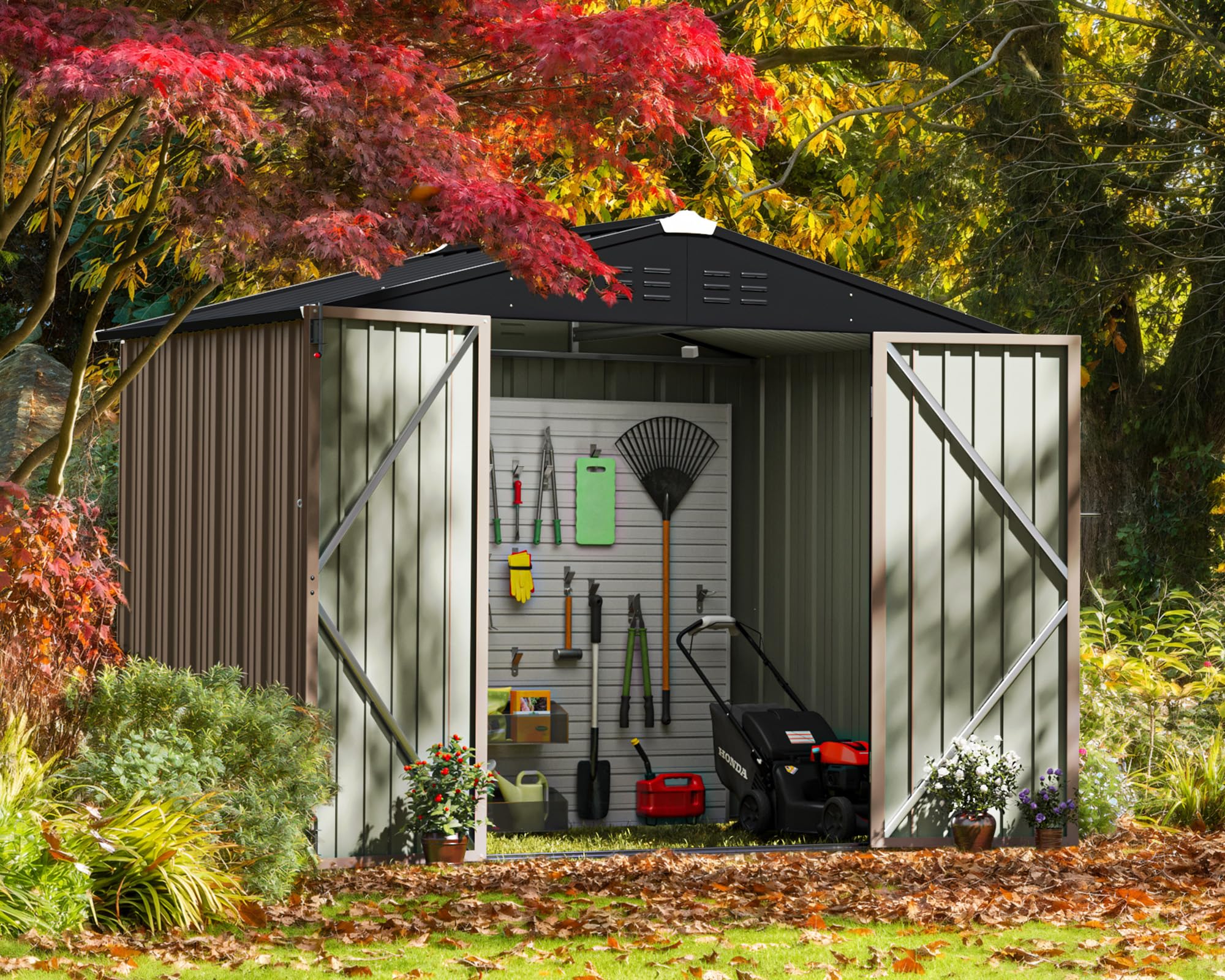 Greesum 6x8 ft Outdoor Storage Shed - Metal Utility Tool Shed with Lockable Door for Garden, Patio & Backyard Organization (Brown)