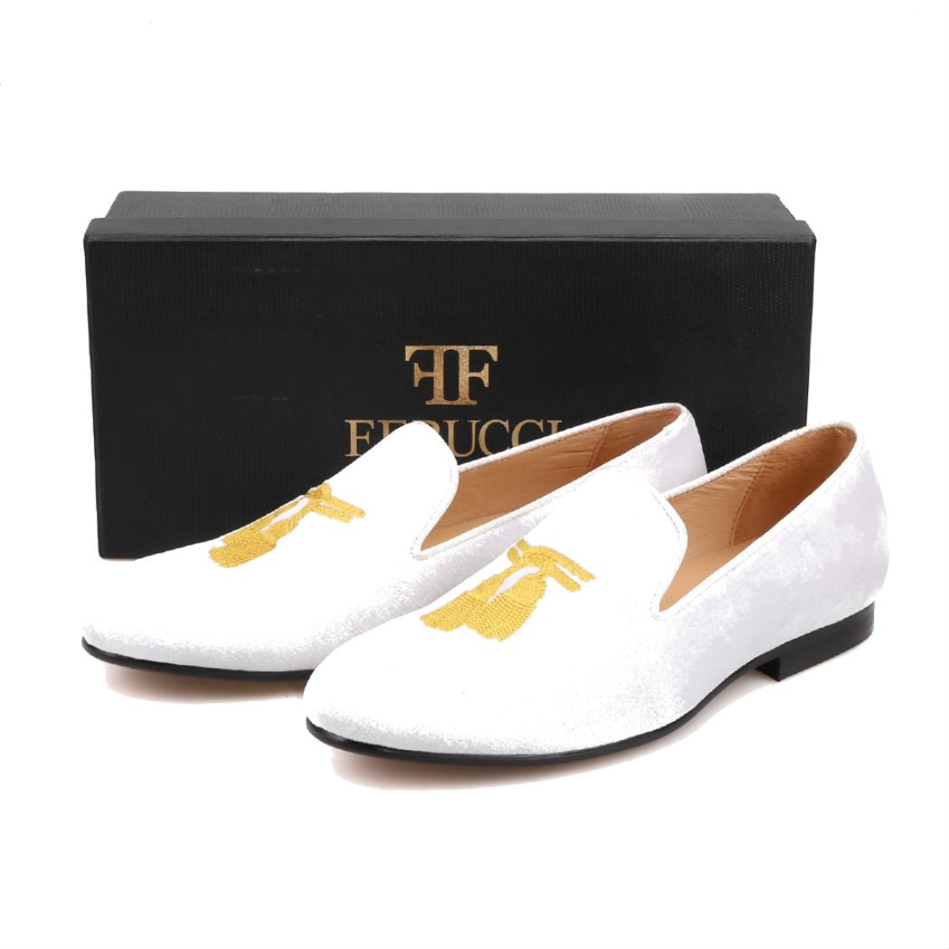 FERUCCI Men's White Velvet Loafers with Gold Embroidered Tassel - Comfortable House Slippers for Indoor & Lounge Wear