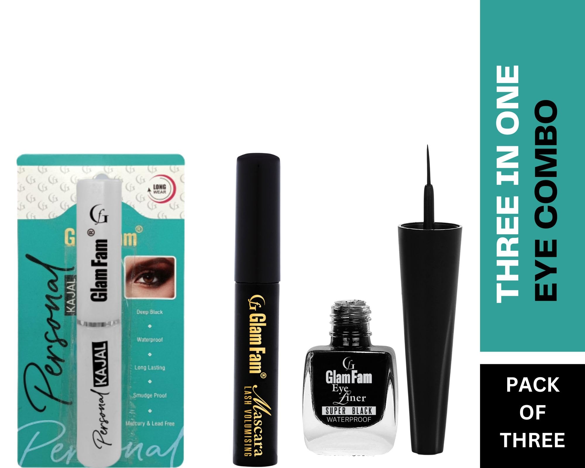 GLAM FAM Long-Lasting Waterproof Kajal Eyeliner & Mascara Set - Super Black, Smudge-Proof (3-Pack) for Dramatic Eye Makeup & Everyday Wear