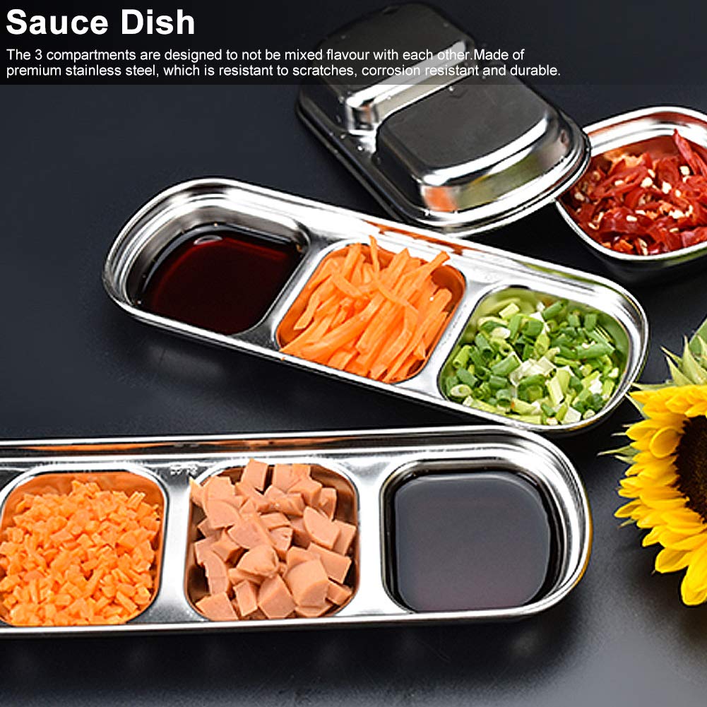 Stainless Steel 3-Compartment Sauce Dish - Appetizer Serving Tray, Divided Snack Plate & Food Dipping Bowl for Home Kitchen | Perfect for Parties, BBQs, and Entertaining Guests