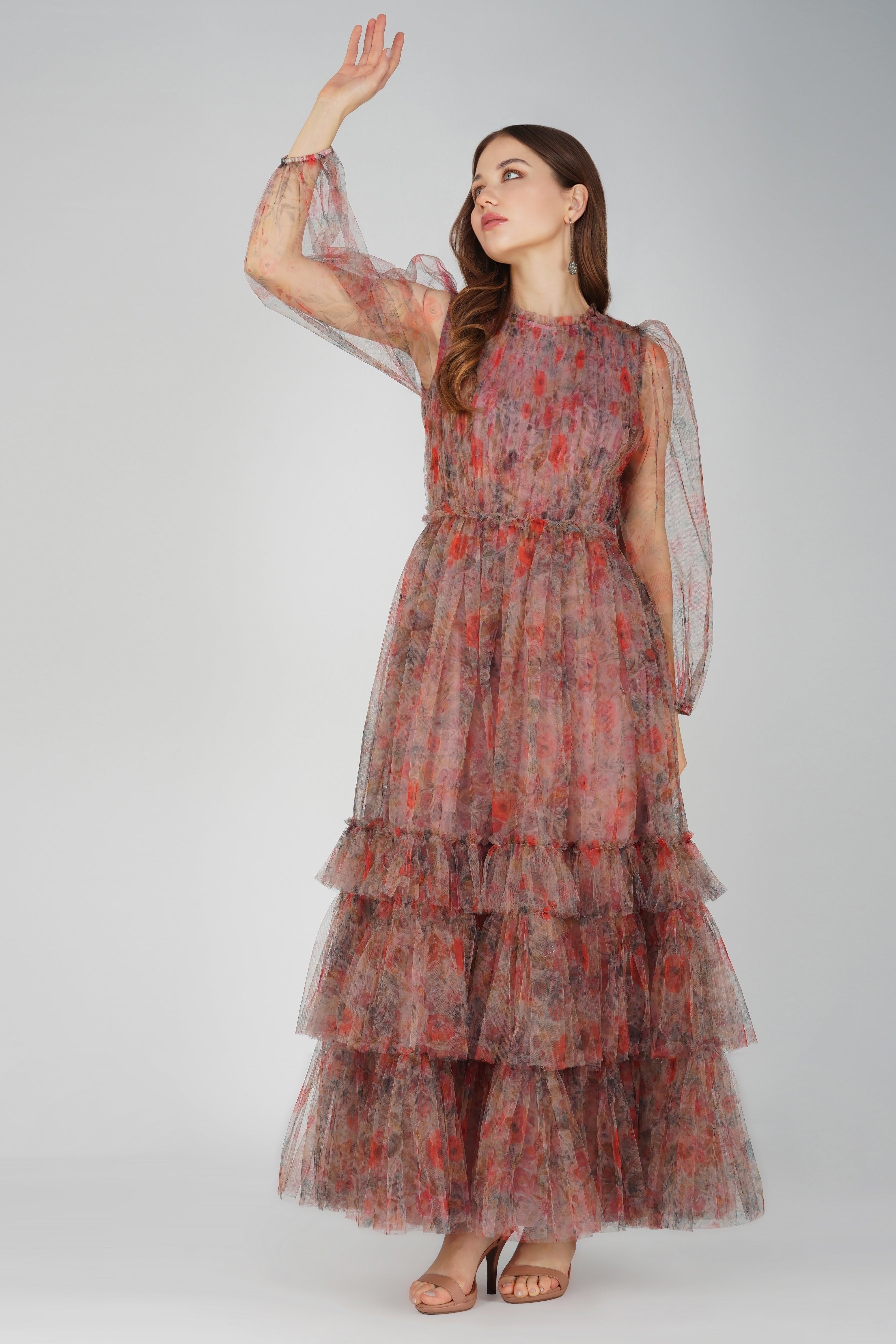 Carina Long Sleeve Floral Maxi Dress in Dusty Rose - Elegant Boho Women's Dress for Weddings, Parties & Special Occasions