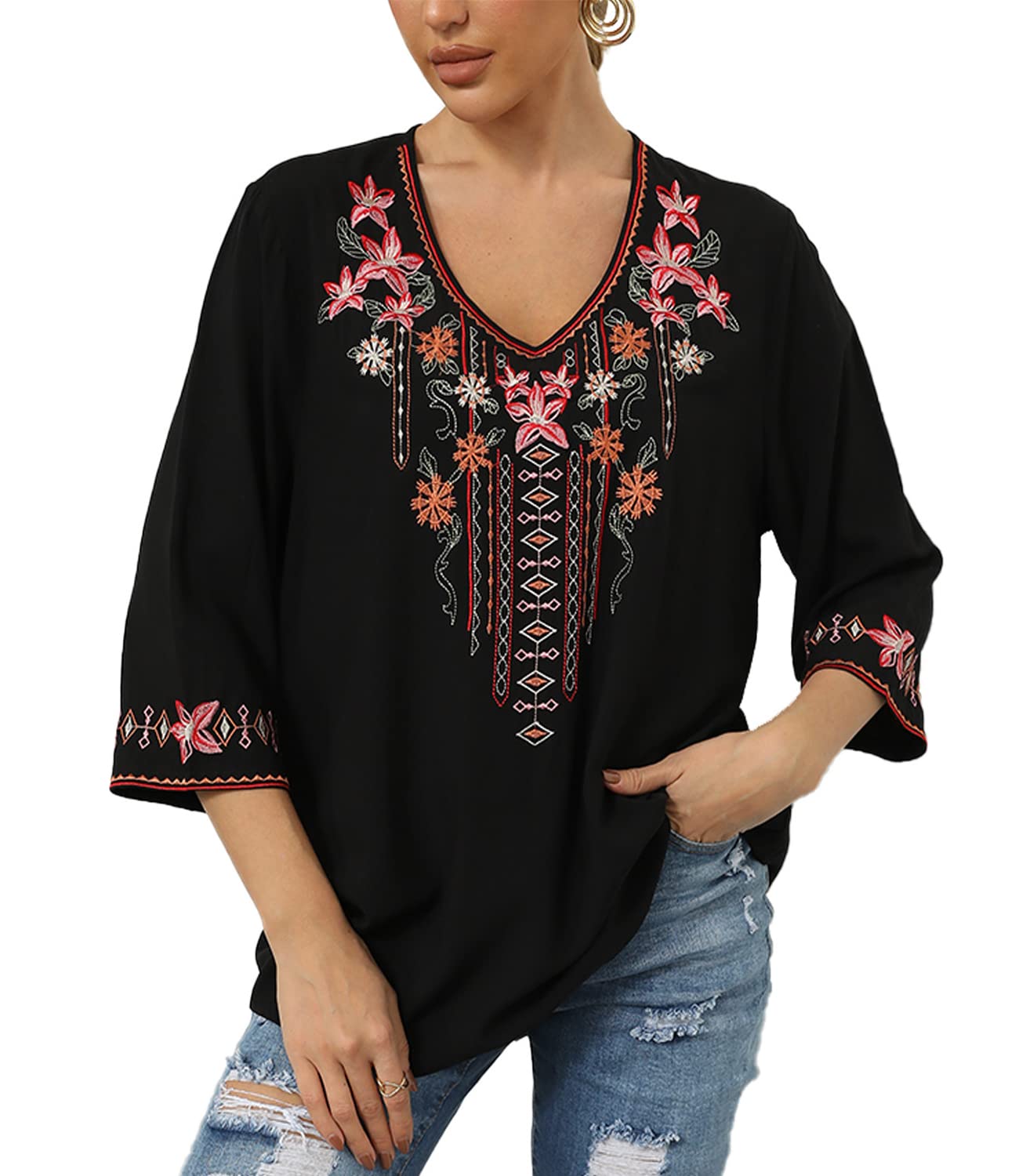 Higustar Women's Mexican Embroidered Bohemian Blouse - 3/4 Sleeve Peasant Top, Boho Tunic Shirt, Hippie Style Clothing for Festivals, Beach & Casual Wear