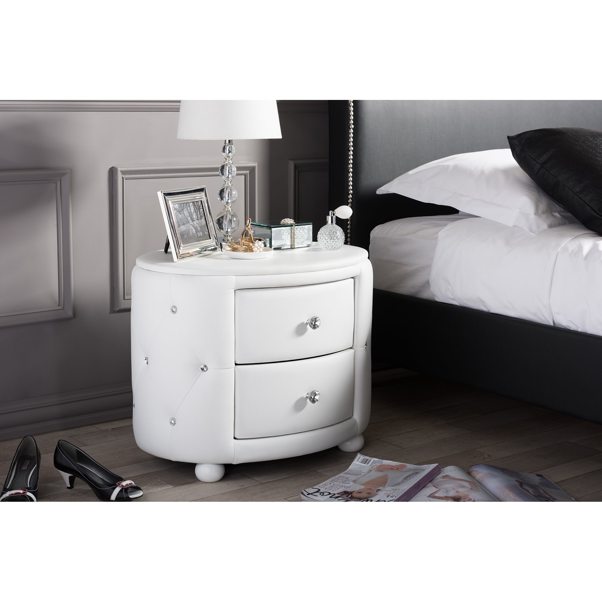 Baxton Studio Davina White Faux Leather Upholstered Nightstand - Modern Bedside Table with Drawer for Bedroom, Guest Room & Apartment Decor