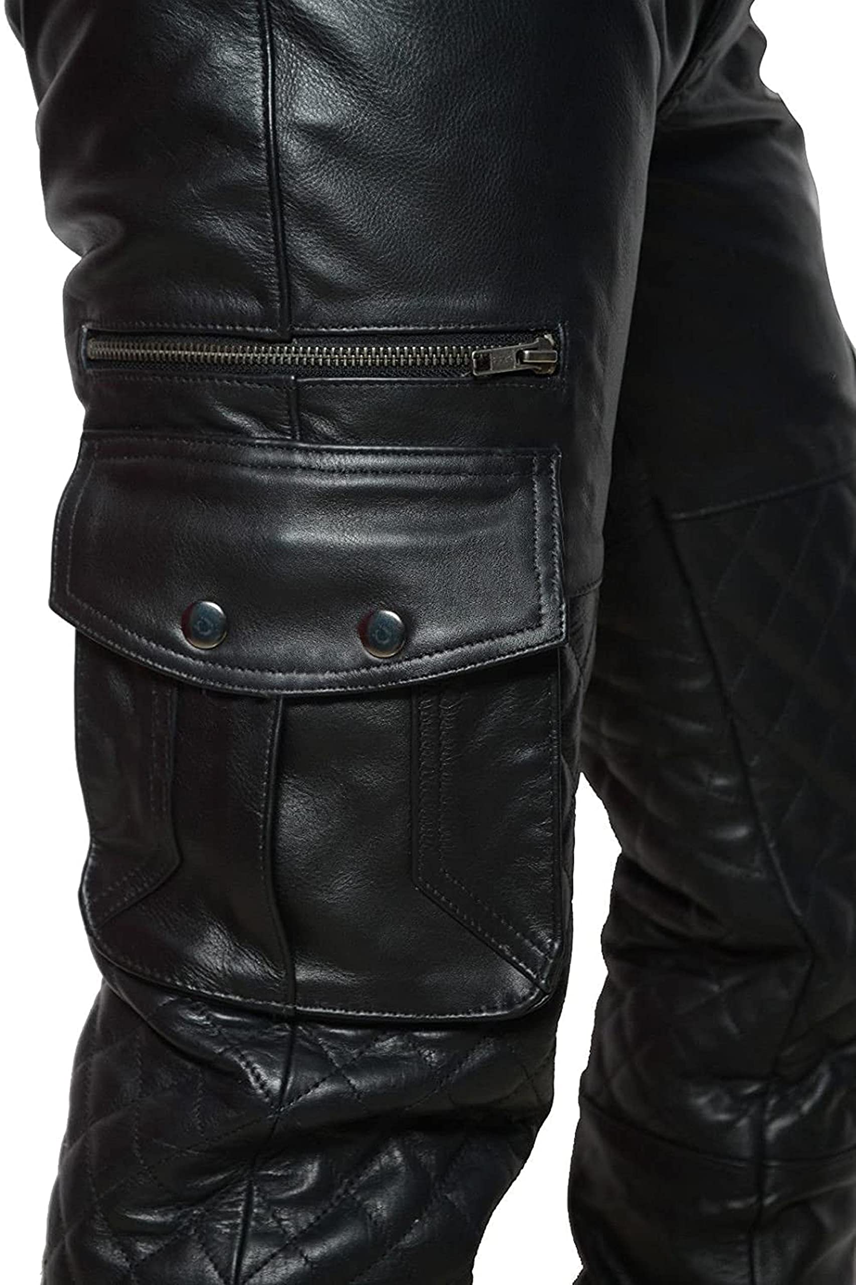 **SpazeUp Men's Cargo Leather Quilted Pants - Motorcycle Riding Pants for Men - Black Genuine Leather Trousers - Perfect for Biking, Outdoor Adventures & Casual Wear**