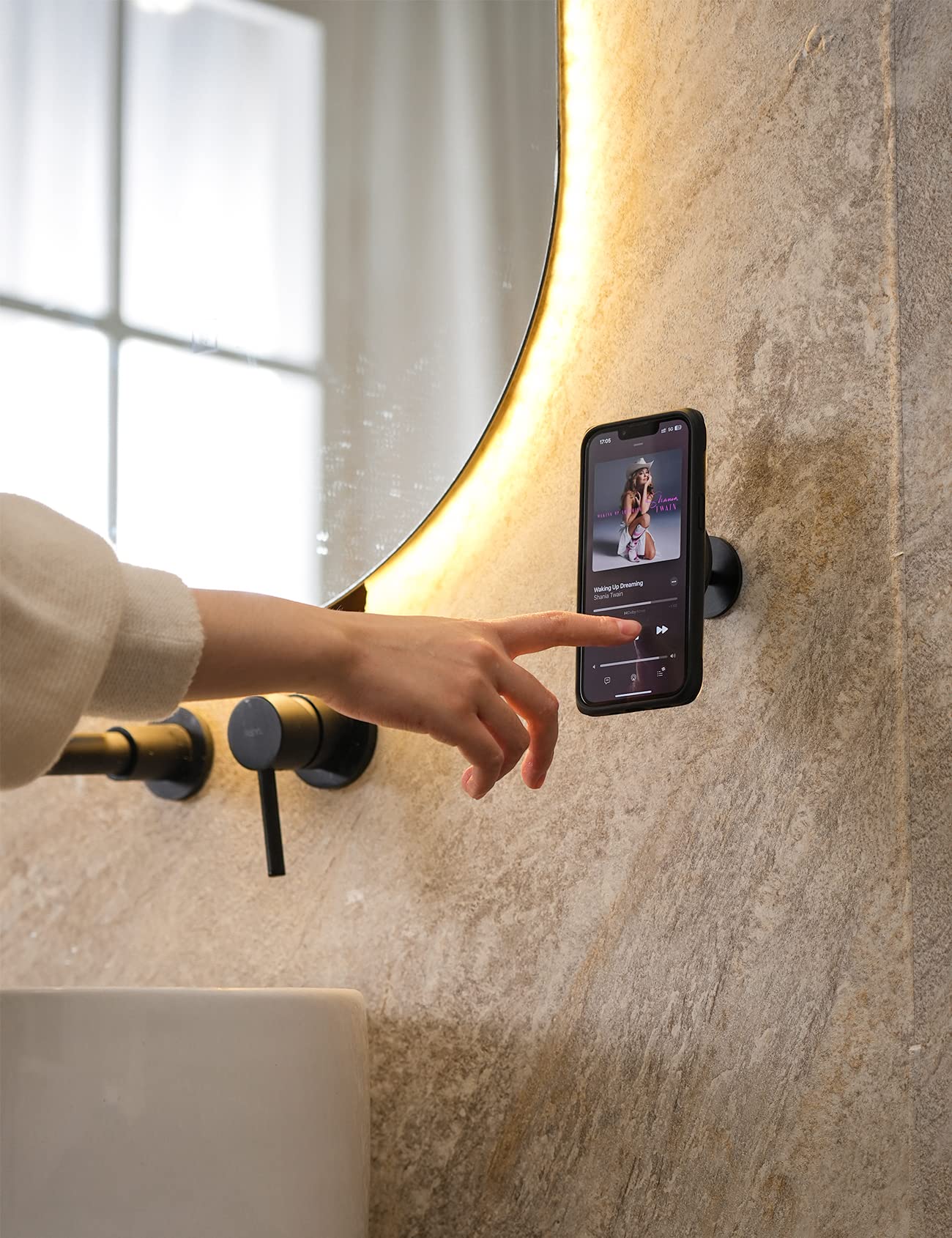 Lamicall Universal Phone Mount with 3M VHB Adhesive - Secure Wall Mount for iPhone & Smartphones (Black) - Portrait & Landscape Viewing - Perfect for Kitchen, Bathroom & Office Use