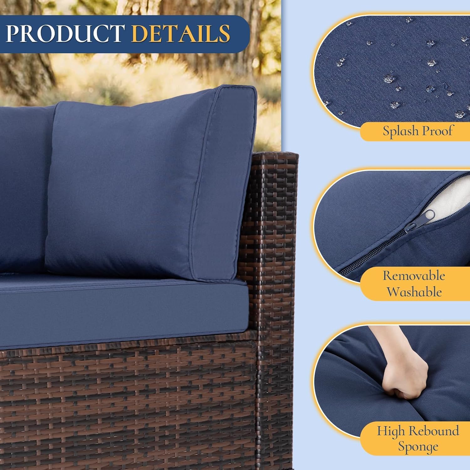 7-Piece Patio Outdoor Furniture Set - Rattan Wicker Sectional Sofa with Coffee Table - Brown Wicker & Blue Cushion - Perfect for Deck, Lawn, Garden, and Backyard Relaxation