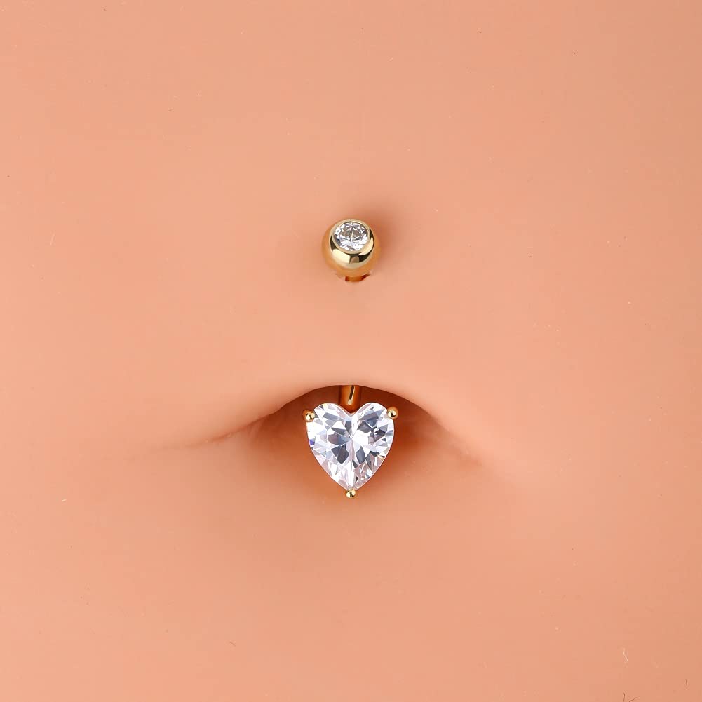 14K Solid White Gold Belly Button Rings with Heart Solitaire Cubic Zirconia - OUFER Body Piercing Jewelry for Women, Perfect for Everyday Wear & Special Occasions
