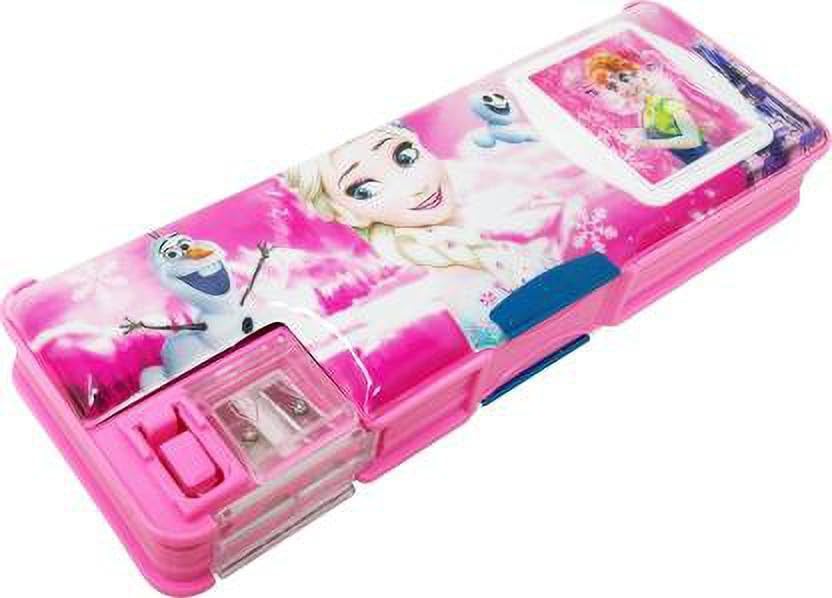 DISHVY® Frozen-Themed Plastic Pencil Case with Built-in Dual Sharpener & Calculator - Cute School Supplies for Kids (Multicolor, Set of 1) - Perfect for Back to School, Homework & Art Projects