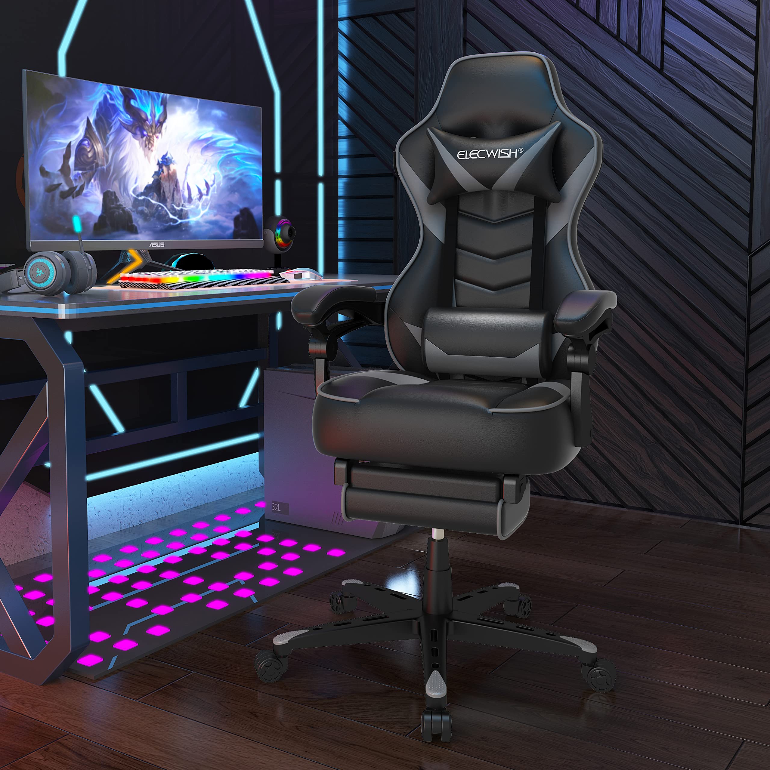 ELECWISH Ergonomic Gaming Chair with Footrest & Lumbar Support - for Office & Racing Game Setup