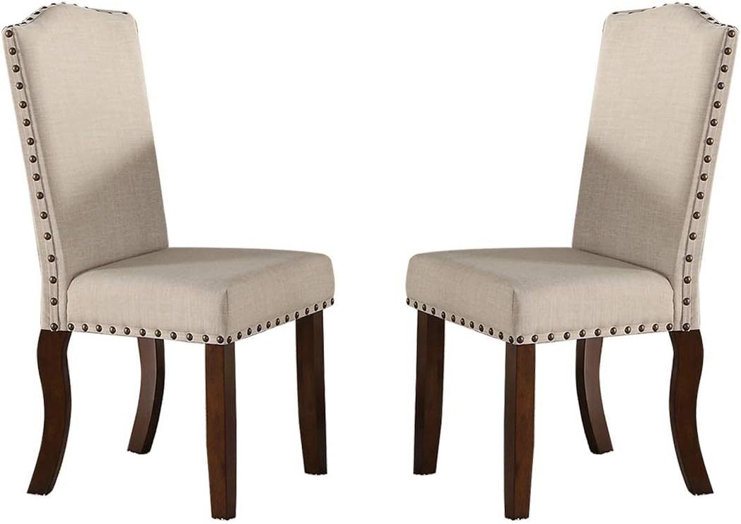 Classic Cream Upholstered Dining Chairs Set of 2 - Tufted Cushion with Nailhead Trim & Solid Wood Legs - Elegant Kitchen & Dining Room Furniture for Home Decor