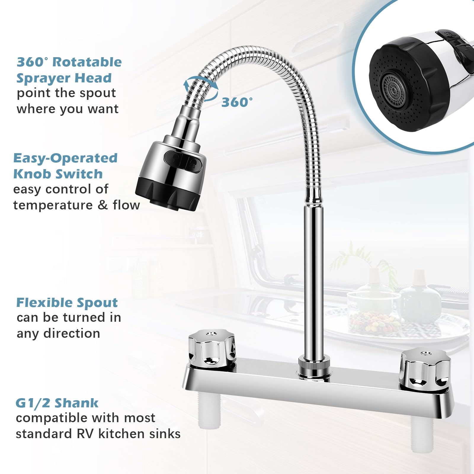 **XFIRE-GEAR 360° Rotatable RV Kitchen Faucet with Dual Function Sprayer - Flexible Arc Design for Motorhomes & Travel Trailers (8