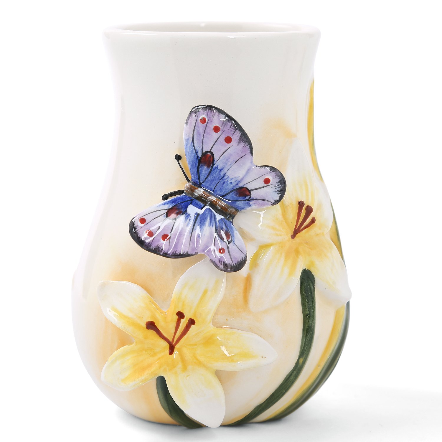 Elegant Ceramic Bathroom Accessory Set - 5 Piece Dancing Butterfly Design with Toothbrush Holder, 2 Toothbrush Cups, Soap Dish & Dispenser - Perfect for Modern Bathrooms, Guest Suites & Spa Decor