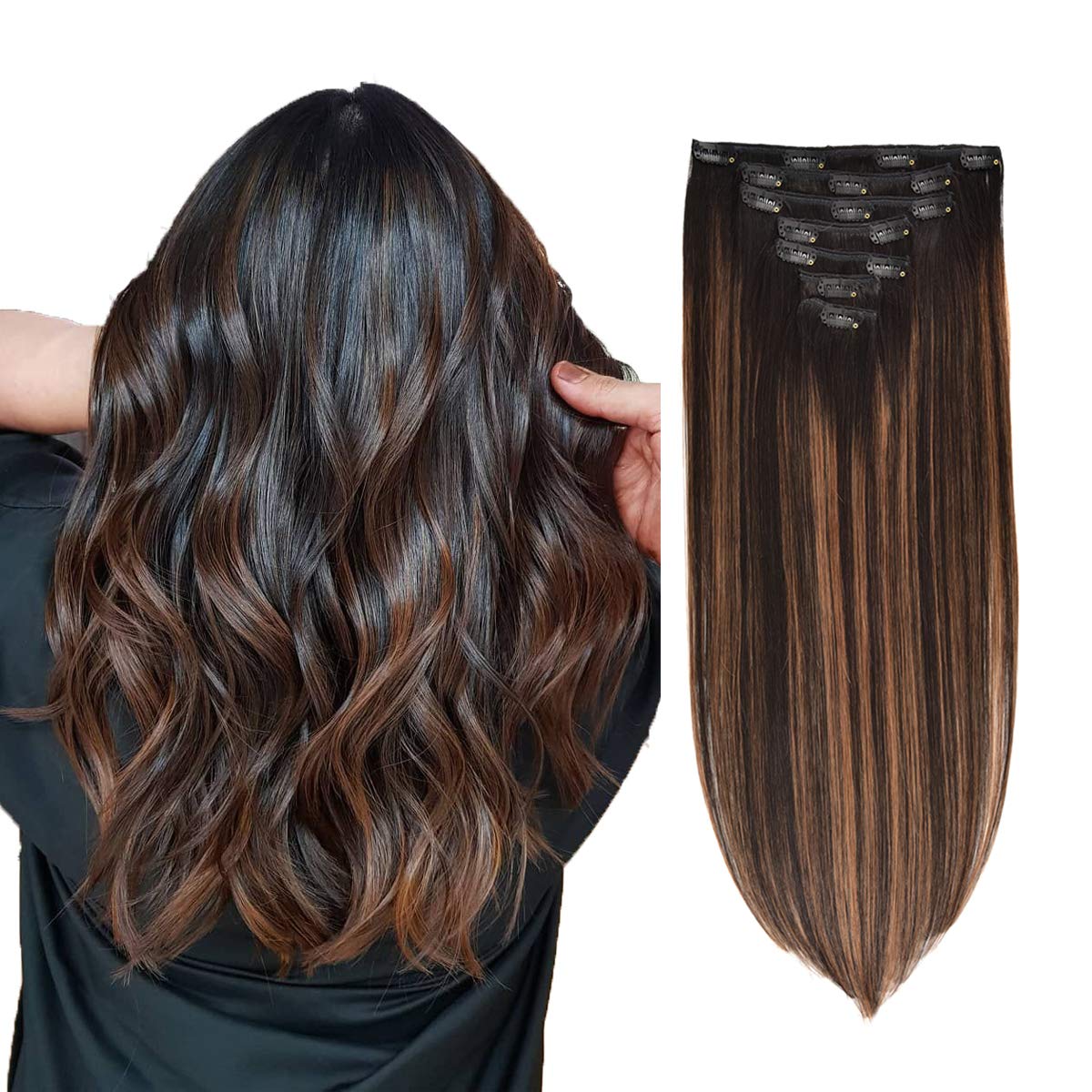 Clip in Hair Extensions 18 Inch Real Human Hair - 7pcs 120g Thickened Straight Natural Black Mixed Chestnut Brown (#1B/6/1B) for Volume & Length - Perfect for Parties, Weddings & Daily Styling
