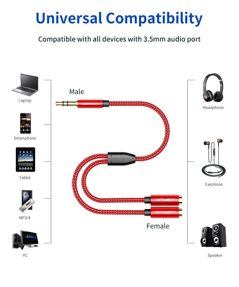JSAUX 3.5mm Headphone Splitter - 2 Female to 1 Male Audio Adapter for Dual Listening - Compatible with PS4, PS5, Xbox, Nintendo Switch, PC, Phones & Tablets - Perfect for Gaming, Movies & Music Sharing (Red)