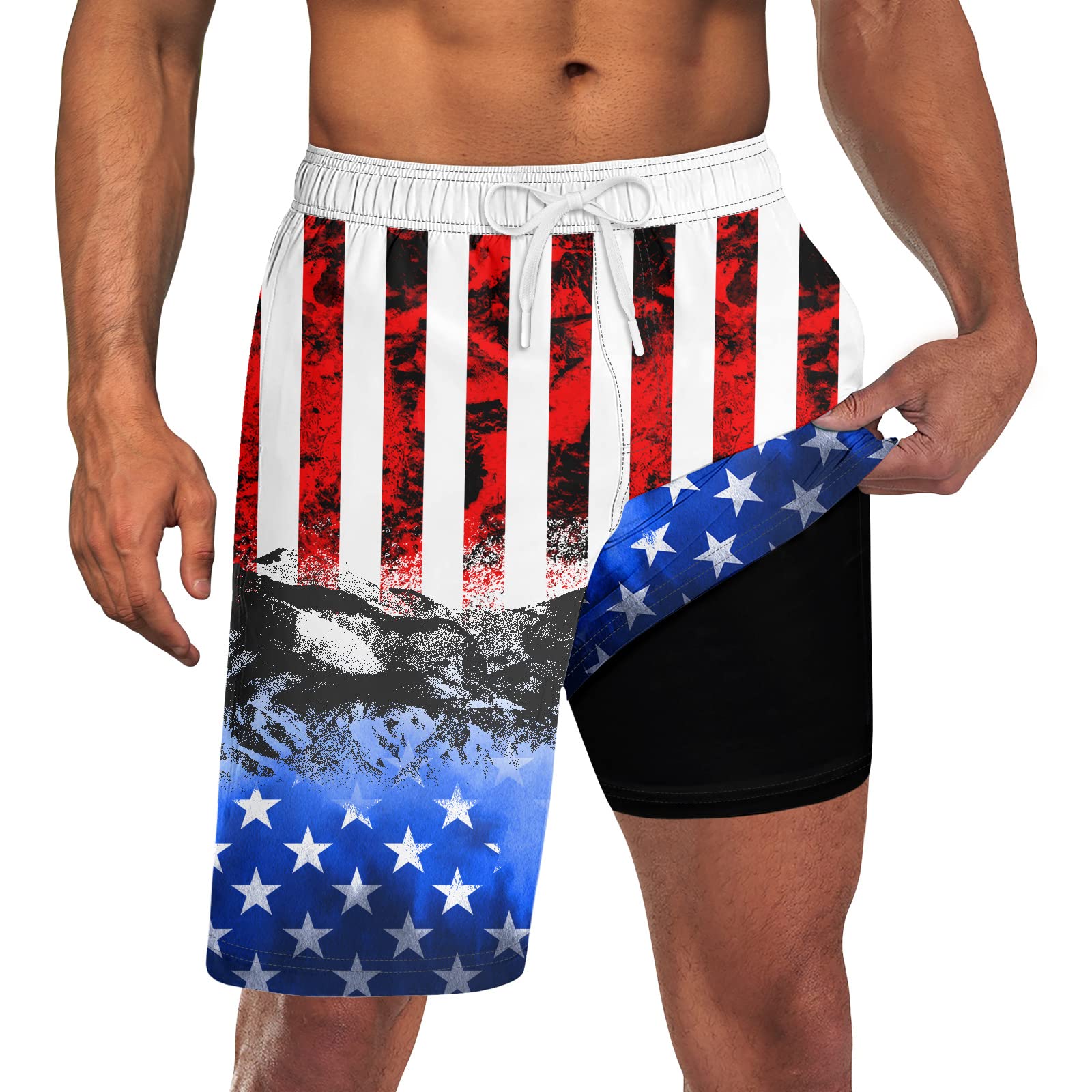 Goodstoworld Men's Funny Swim Trunks with Compression Liner - 2-in-1 Quick-Dry 9-Inch Stretch Swim Shorts with 3 Pockets for Beach, Pool & Water Sports
