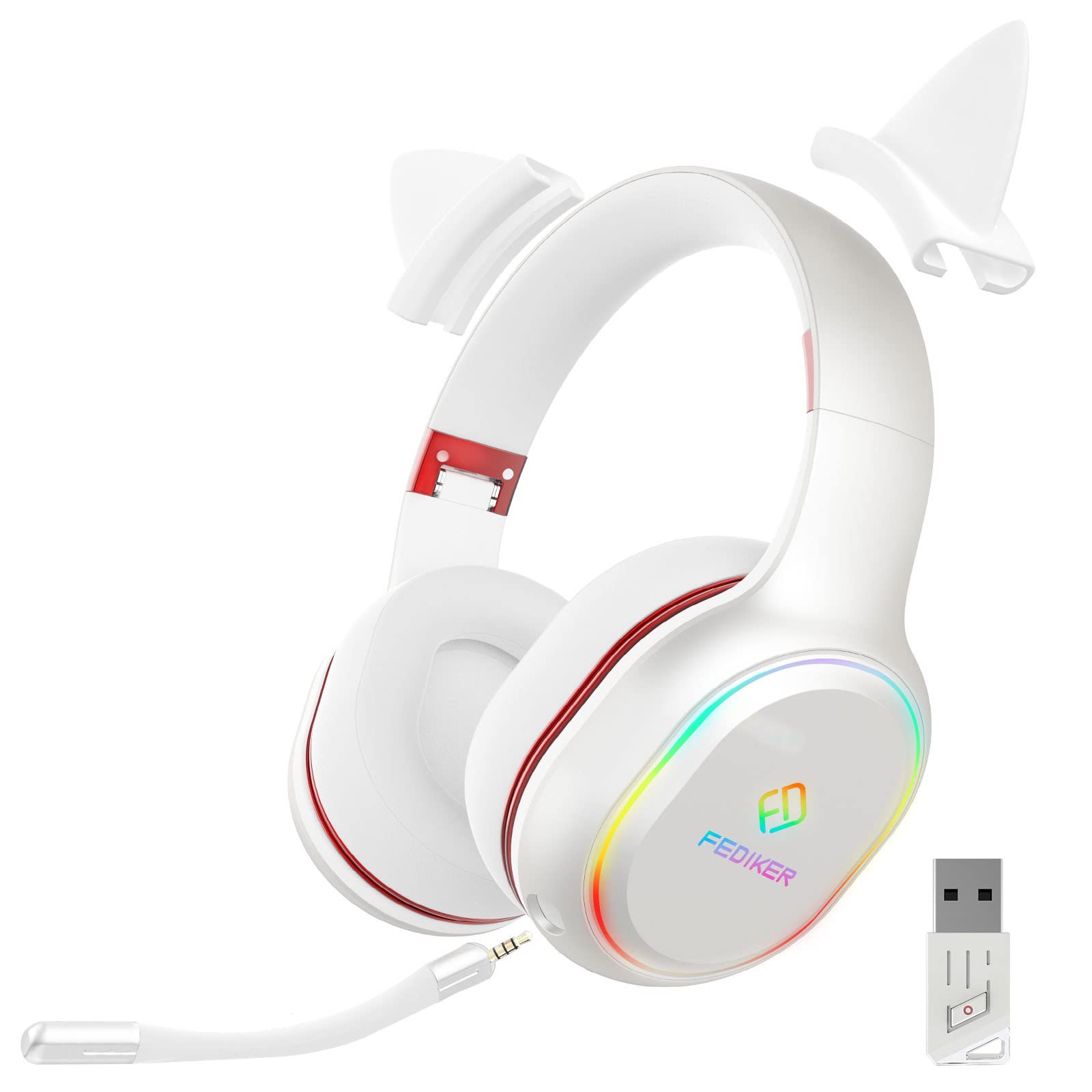 Wireless Gaming Headset with Detachable Mic for PS5, PS4, PC - Low Latency Bluetooth, USB Dongle, RGB Lights, Mute Function & Immersive 4D Sound | Cute White Cat Ear Headphones for Girls - Perfect for Gaming, Streaming, Online Classes & Virtual Meetings