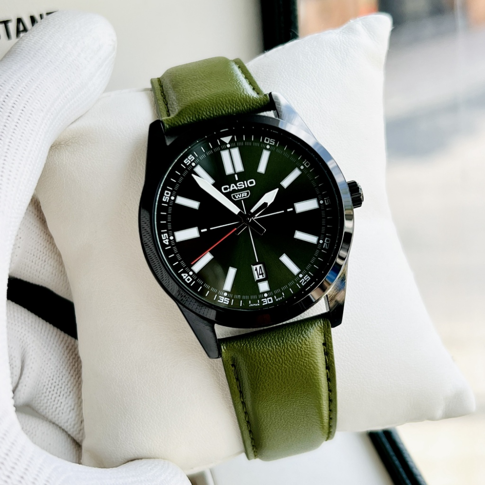 CASIO MTP-VD02BL Analog Men's Watch with Green Leather Strap - Stylish & Durable for Business, Casual & Everyday Wear