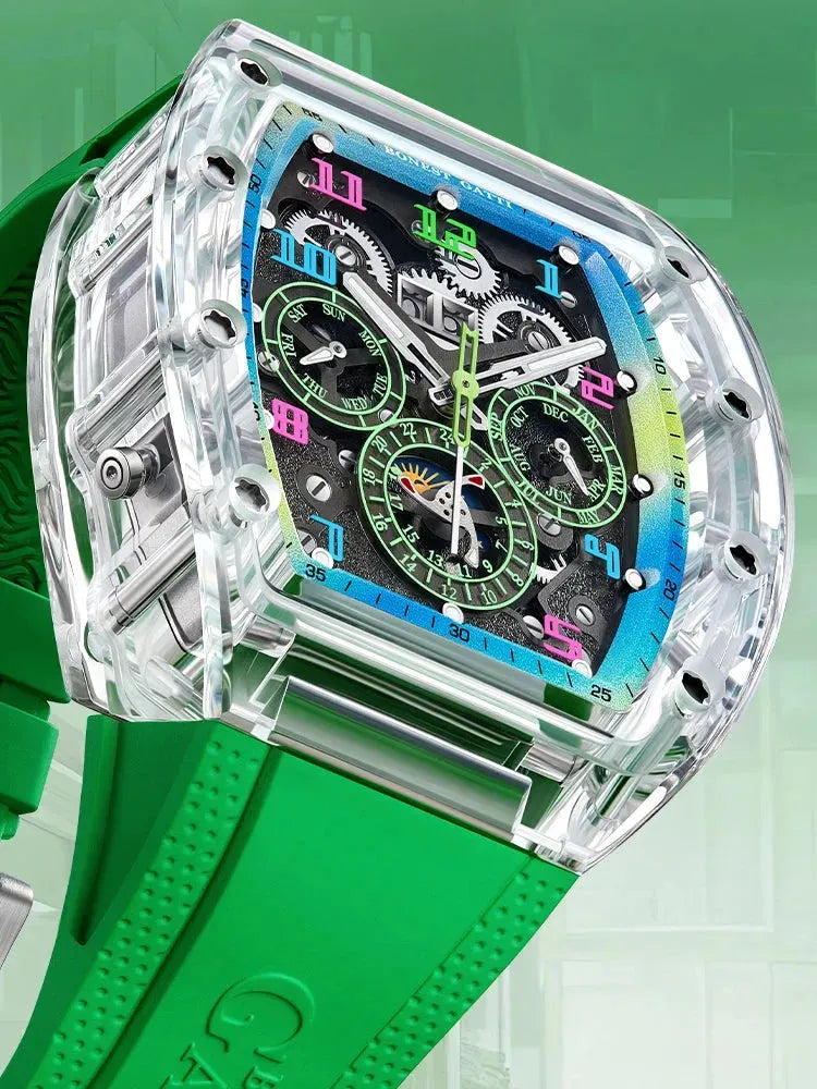 BONEST GATTI Men's Automatic Mechanical Watch - 45mm Tonneau Crystal Case with Luminous Hands, Date Month Week Display, Fluororubber Band - Perfect for Business, Casual Wear & Special Occasions