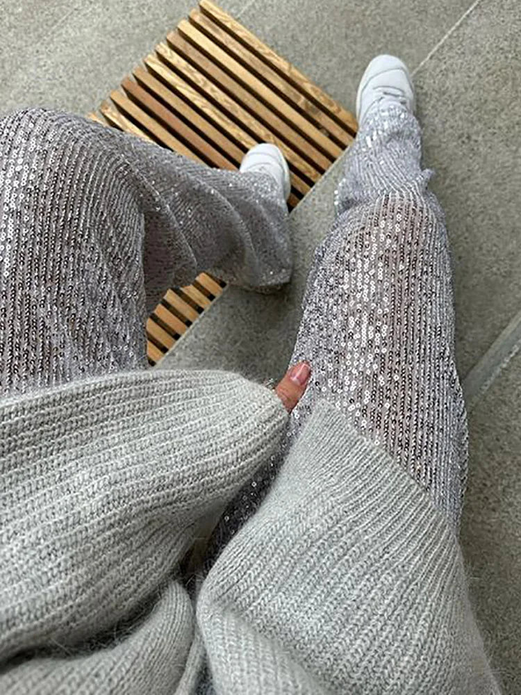 Women's Elastic Waist Patchwork Sequined Trousers - Loose Fit Streetwear Long Pants for Spring/Summer | Chic Straight Leg Pants for Casual Outings, Parties & Fashion Street Style