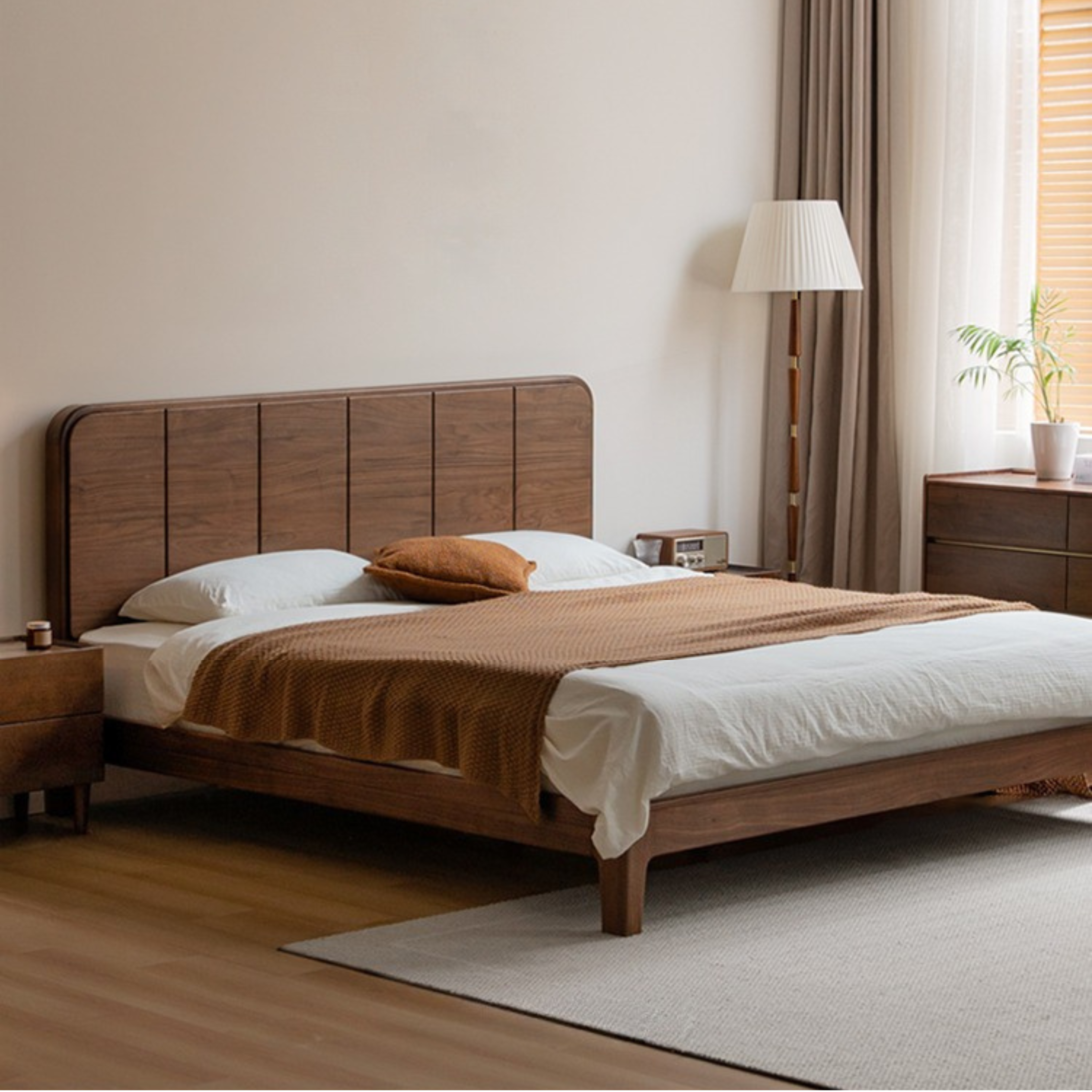 Solid Black Walnut Wood Bed Frame - Chinese Retro Style Queen/King Size Platform Bed with Storage | Durable Hardwood Bedroom Furniture for Master Bedroom, Guest Room & Airbnb