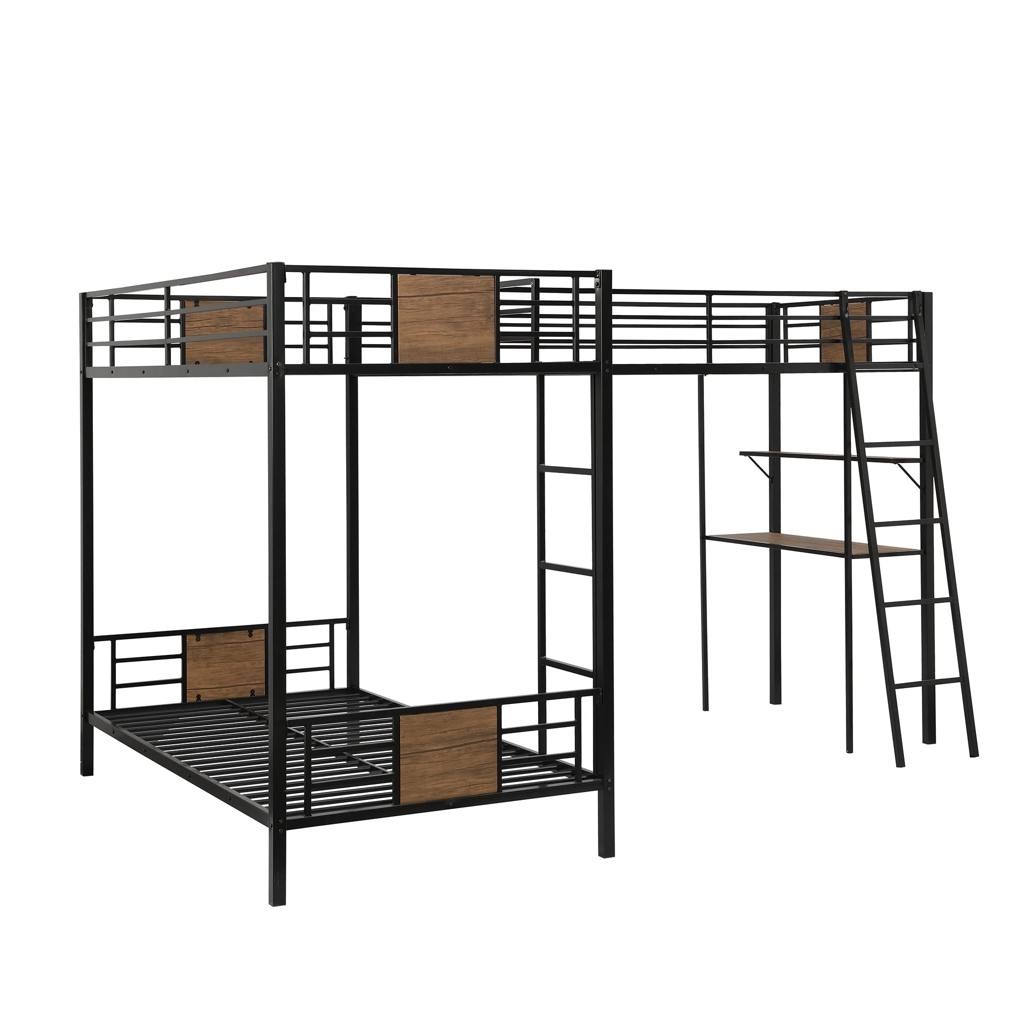 Harper & Bright Designs Metal Triple Bunk Bed with Desk - L-Shaped Twin Bunk Bed & High Loft Bed with Storage Shelves | Space-Saving 3-in-1 Bunk Bed for Kids & Teens (Boys & Girls) in Brown | Perfect for Small Bedrooms, Shared Kids Rooms & Vacation Homes