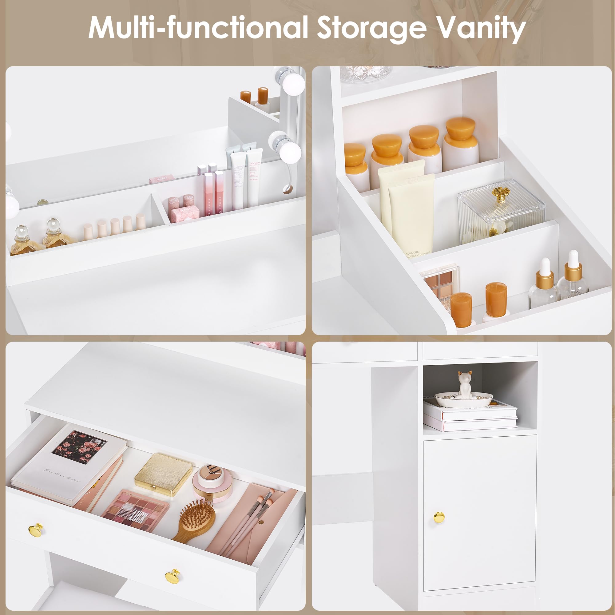 ANWBROAD White Vanity Desk with Mirror & LED Lights - Makeup Vanity Set with 12 Storage Compartments, 5 Desktop Organizers & Built-in Power Outlet - 3 Lighting Modes & Adjustable Brightness - Modern Dressing Table for Bedroom, Home Salon & Makeup Studio (Model UBDT72W)